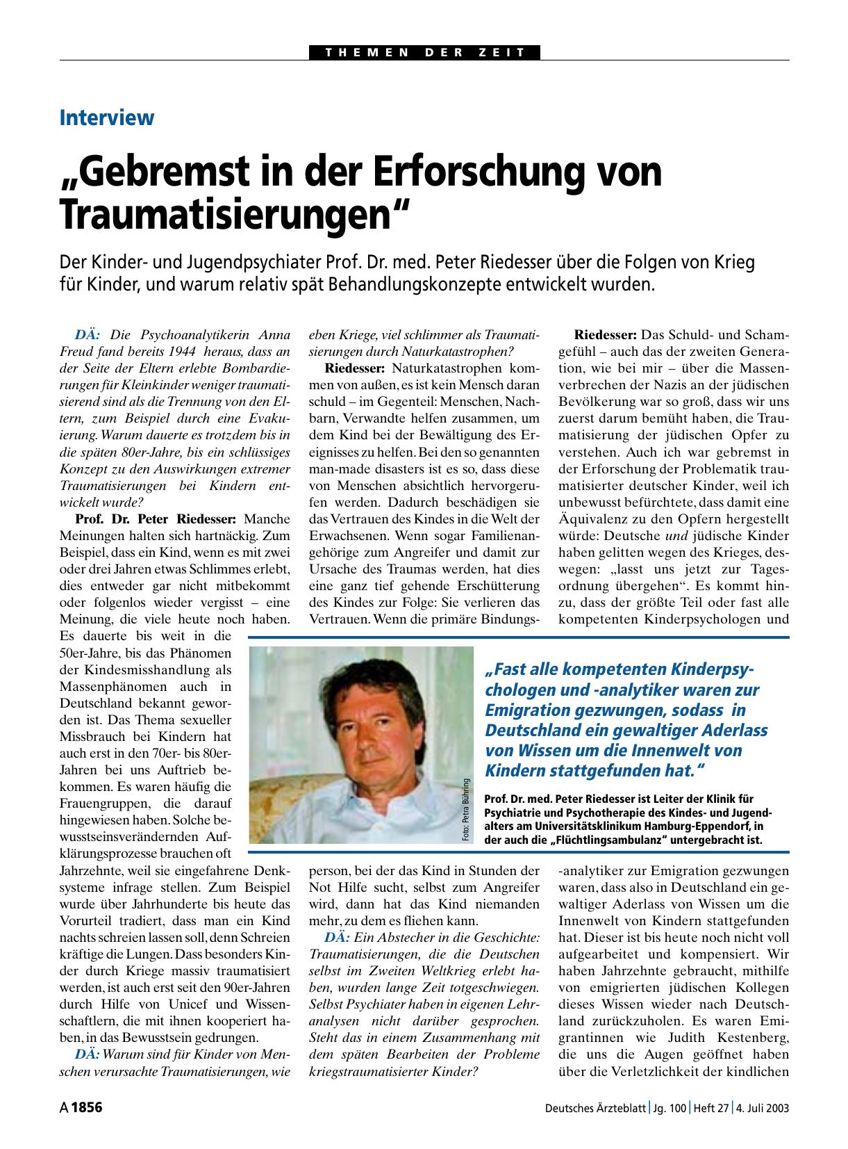 Vorschauseite 1: Interview: „Gebremst in der Erforschung von Traumatisierungen“