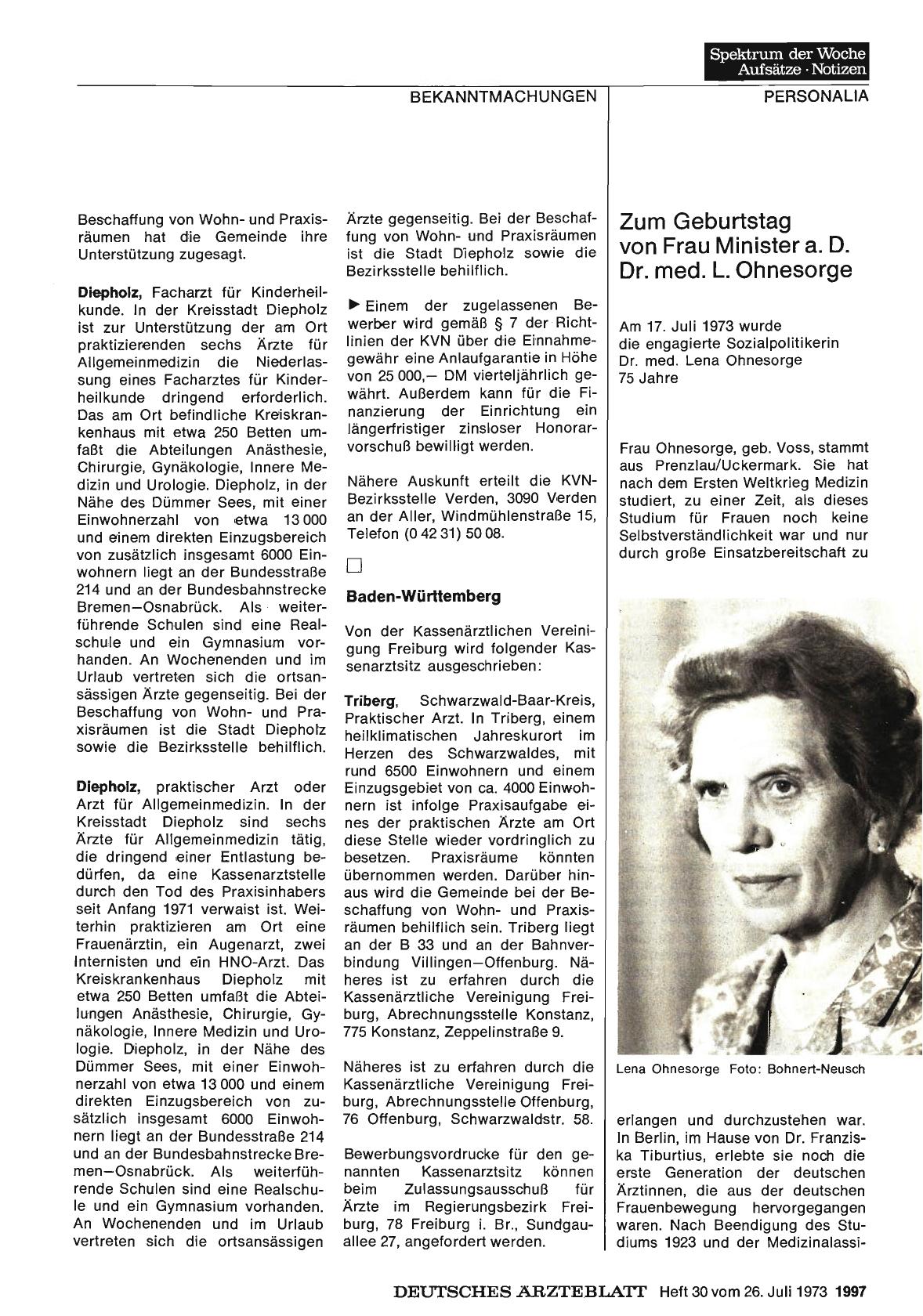 Vorschauseite 1: Zum Geburtstag von Frau Minister a. D. Dr. med. L. Ohnesorge