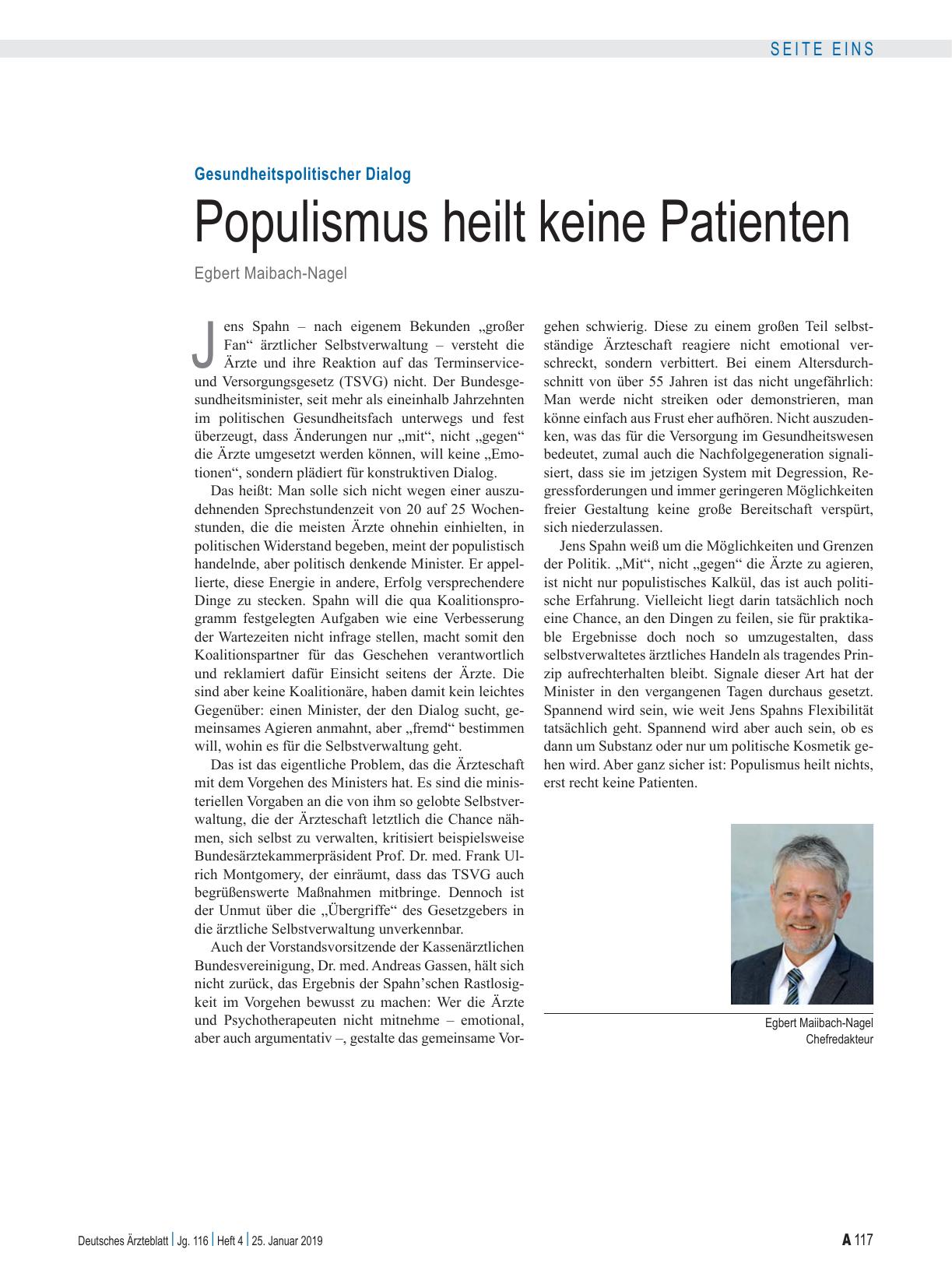 Vorschauseite 1: Gesundheitspolitischer Dialog: Populismus heilt keine Patienten