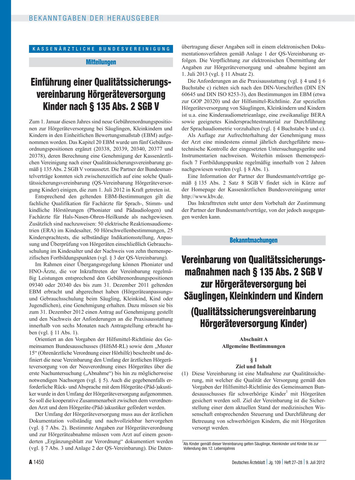 Vorschauseite 1: Einführung einer Qualitätssicherungsvereinbarung Hörgeräteversorgung Kinder nach § 135 Abs. 2 SGB V / Vereinbarung von Qualitätssicherungsmaßnahmen nach § 135 Abs. 2 SGB V zur Hör…