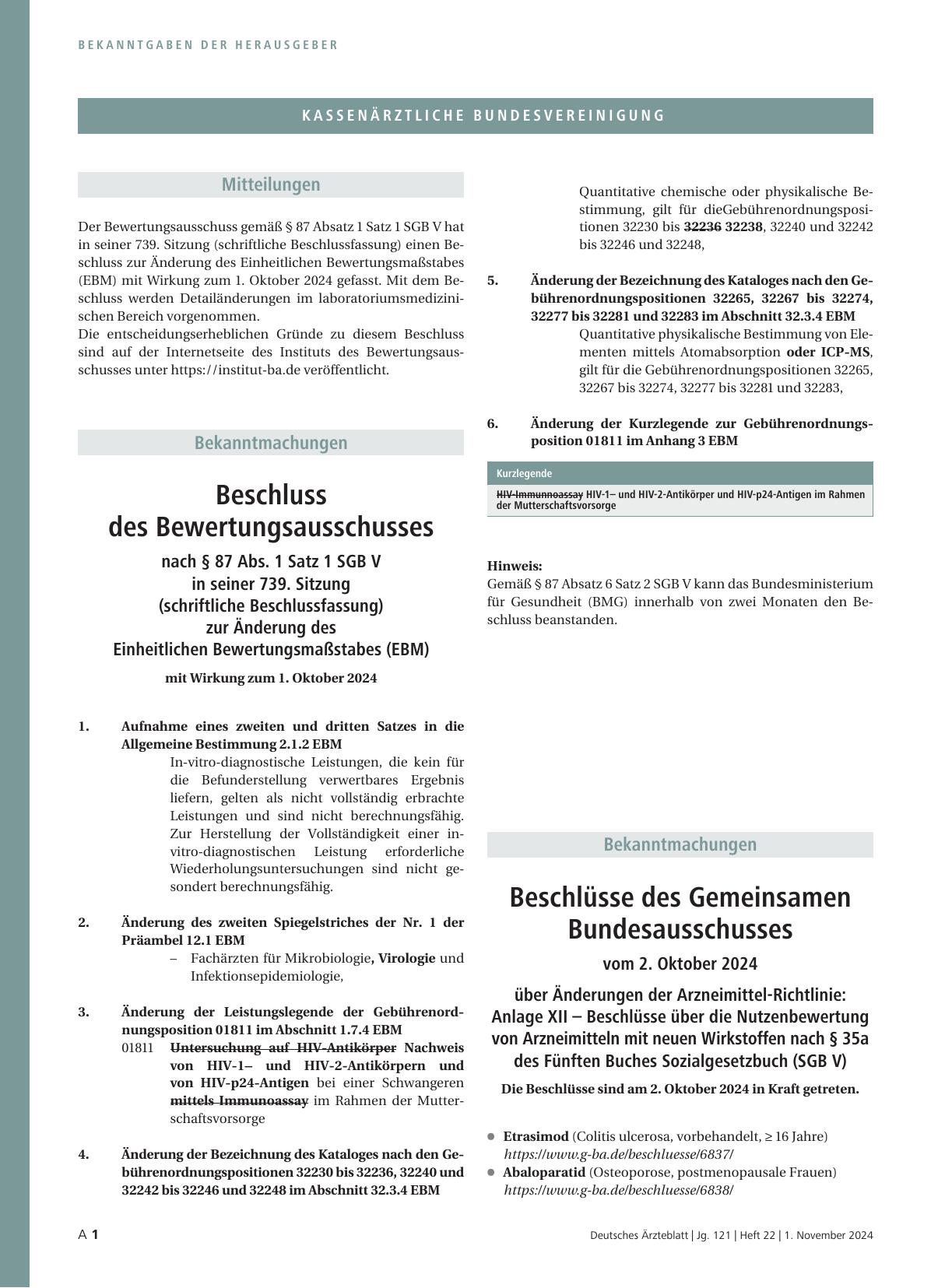 Vorschauseite 1: Beschluss des Bewertungsausschusses nach § 87 Abs. 1 Satz 1 SGB V in seiner 739. Sitzung (schriftliche Beschlussfassung) zur Änderung des Einheitlichen Bewertungsmaßstabes (EBM)