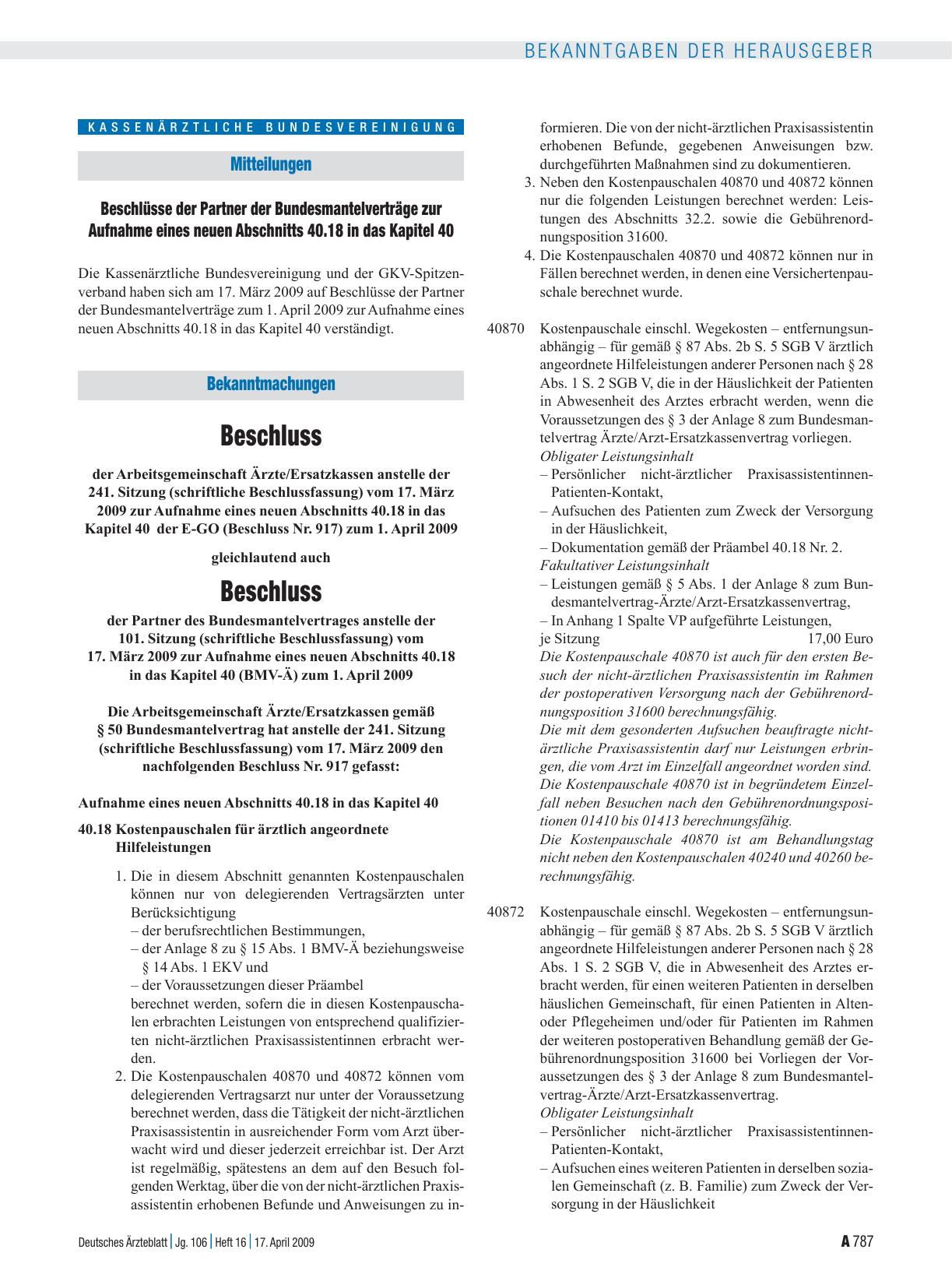 Vorschauseite 1: Bekanntmachungen: Beschluss der Arbeitsgemeinschaft Ärzte/Ersatzkassen anstelle der 241. Sitzung (schriftliche Beschlussfassung) vom 17. März 2009 zur Aufnahme eines neuen Abschni…