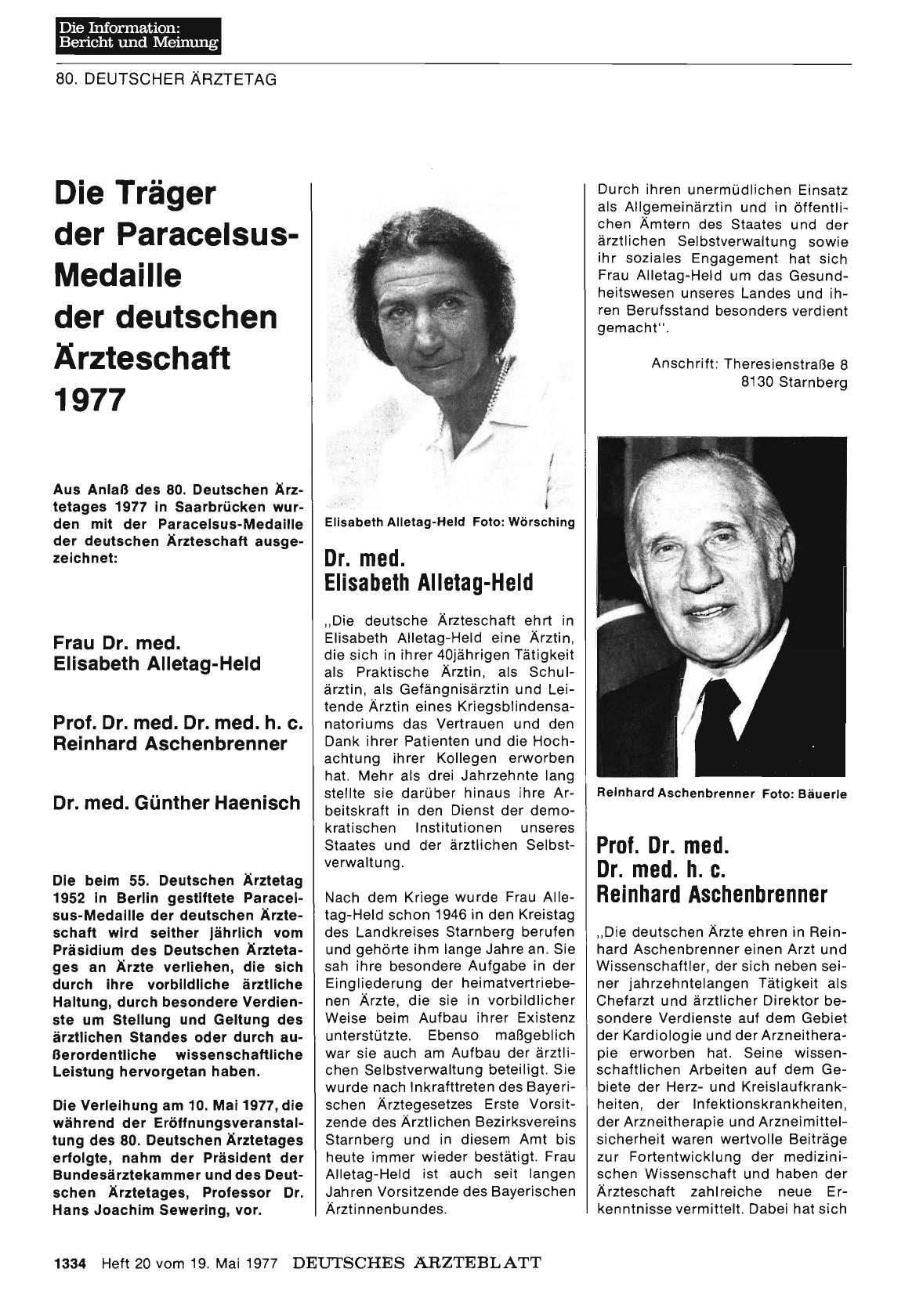 Vorschauseite 1: Die Träger der Paracelsus-Medaille der deutschen Ärzteschaft 1977