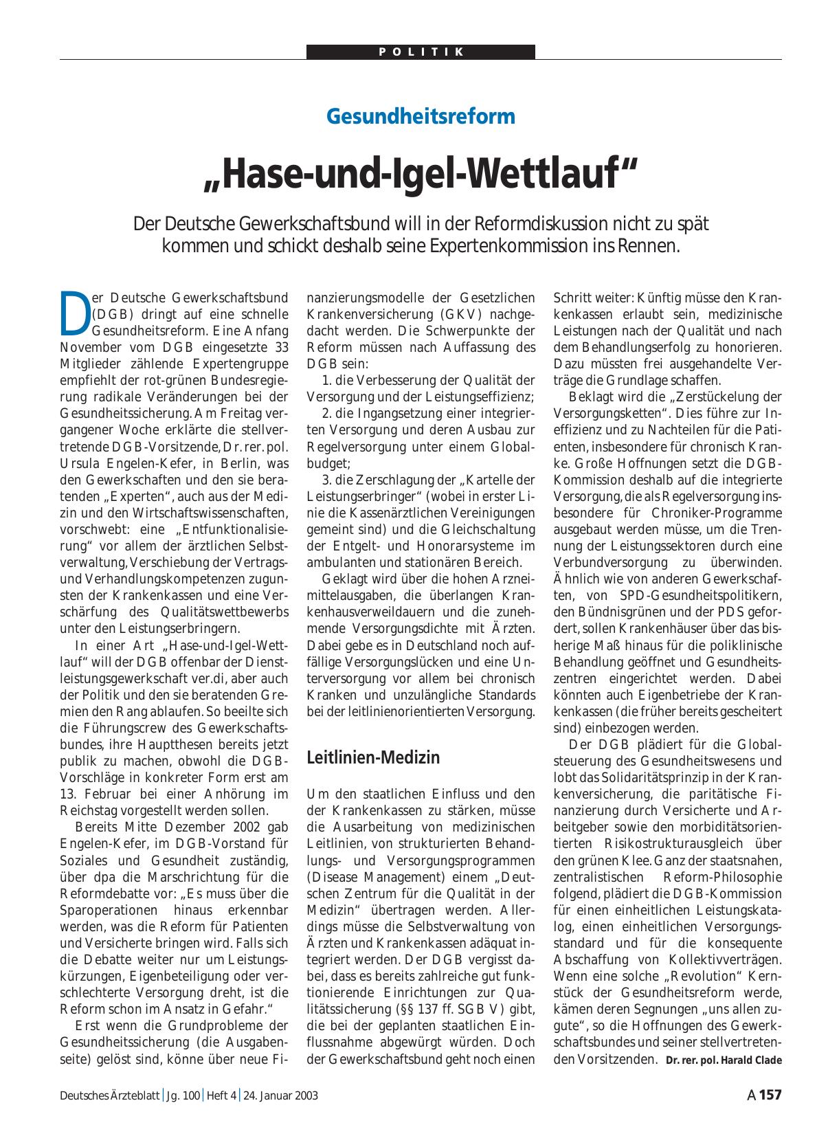 Vorschauseite 1: Gesundheitsreform: „Hase-und-Igel-Wettlauf“