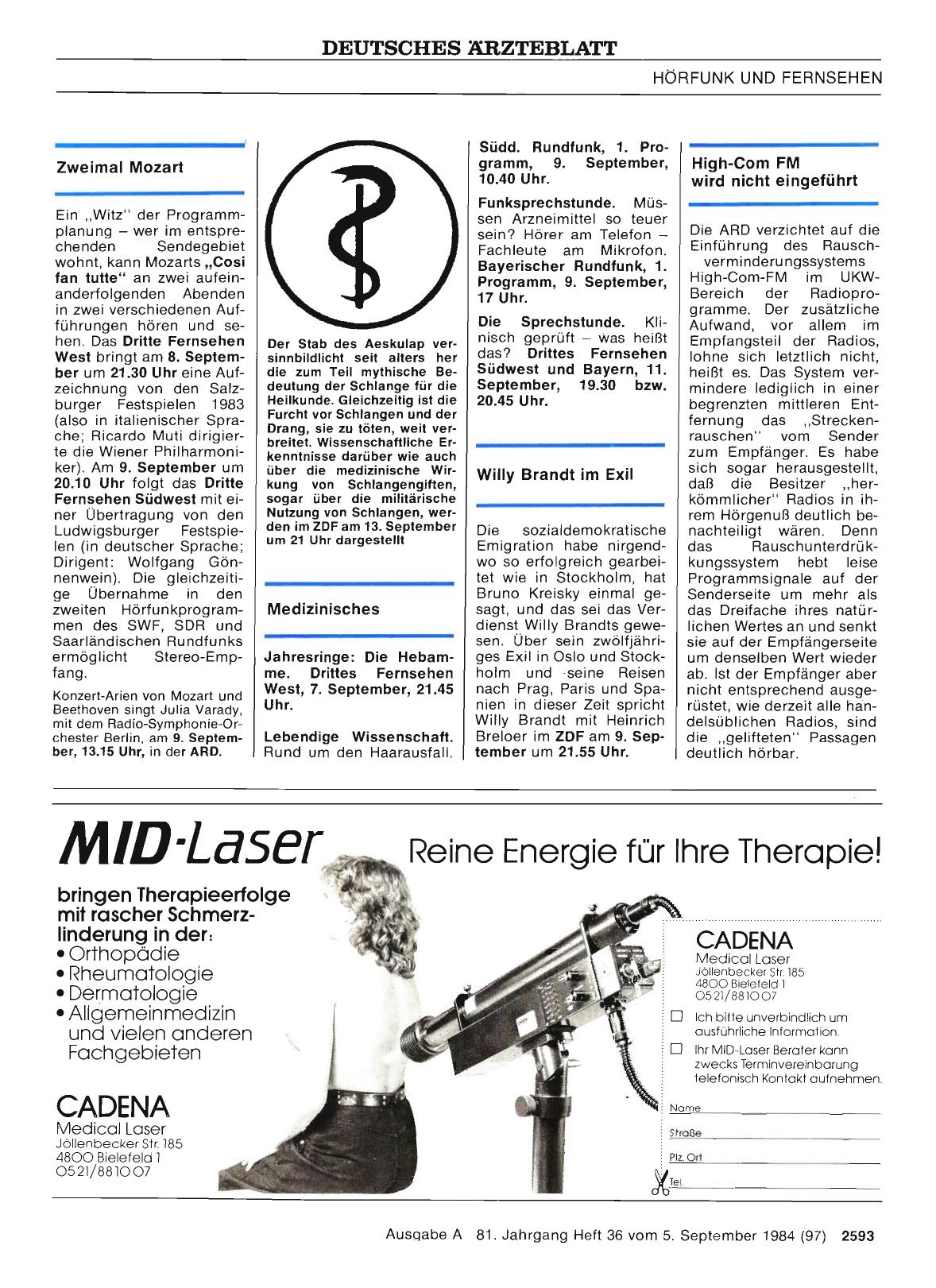 Vorschauseite 1: Zweimal Mozart / Medizinisches/ Willy Brandt im Exil/ High-Com FM wird nicht eingeführt