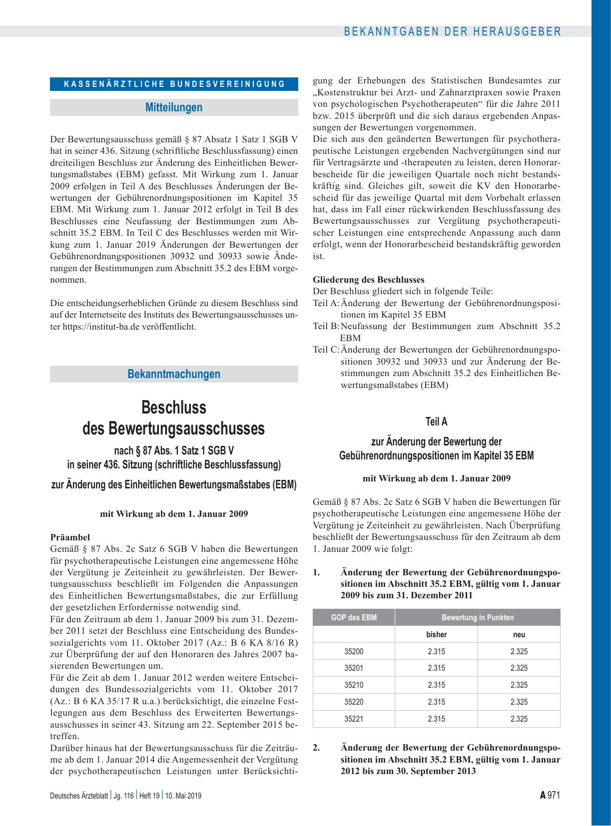 Vorschauseite 1: Beschluss des Bewertungsausschusses nach § 87 Abs. 1 Satz 1 SGB V in seiner 436. Sitzung: Änderung des Einheitlichen Bewertungsmaßstabes, Teil A, Teil B, Teil C