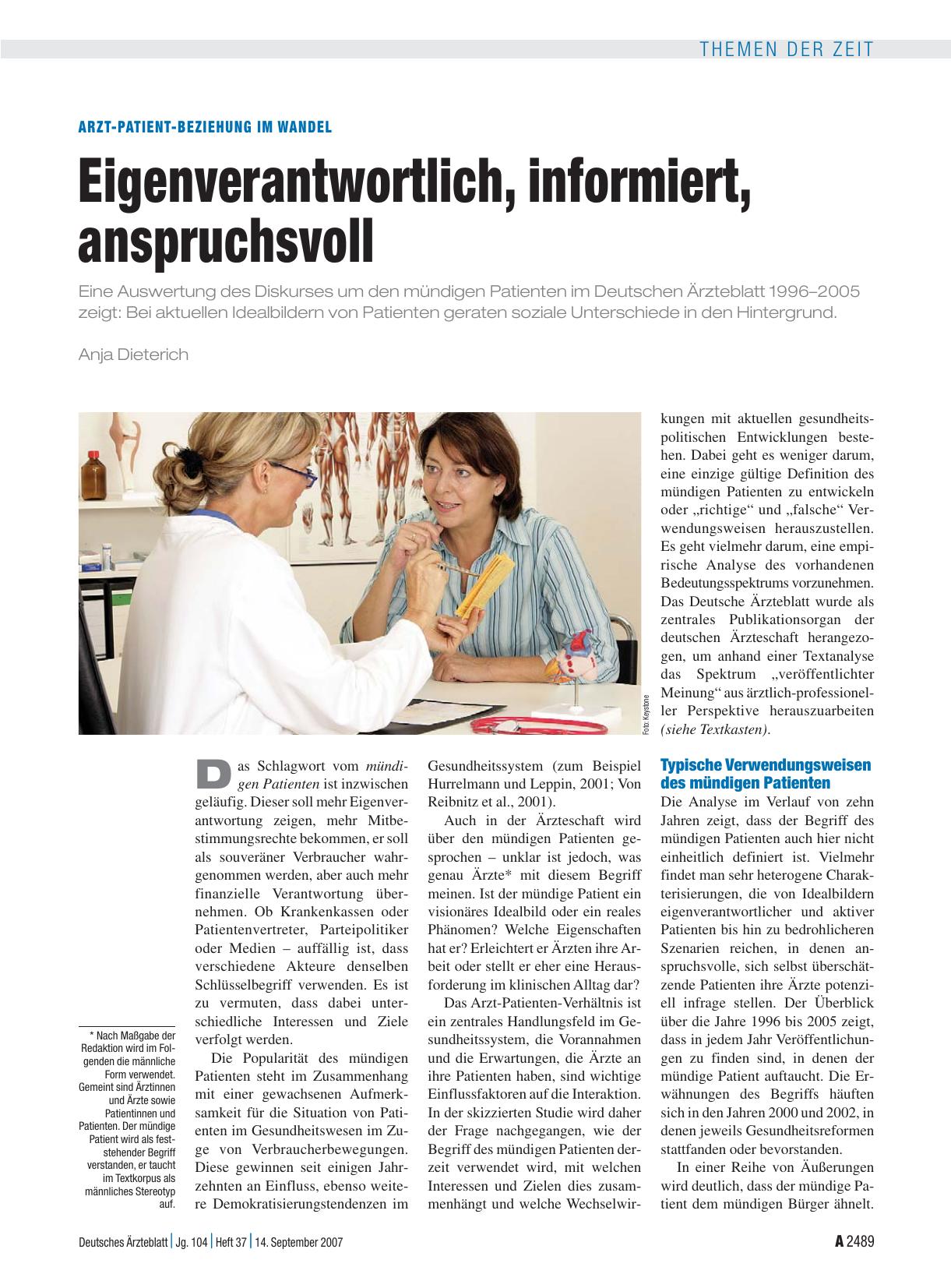 Vorschauseite 1: Arzt-Patient-Beziehung im Wandel: Eigenverantwortlich, informiert, anspruchsvoll