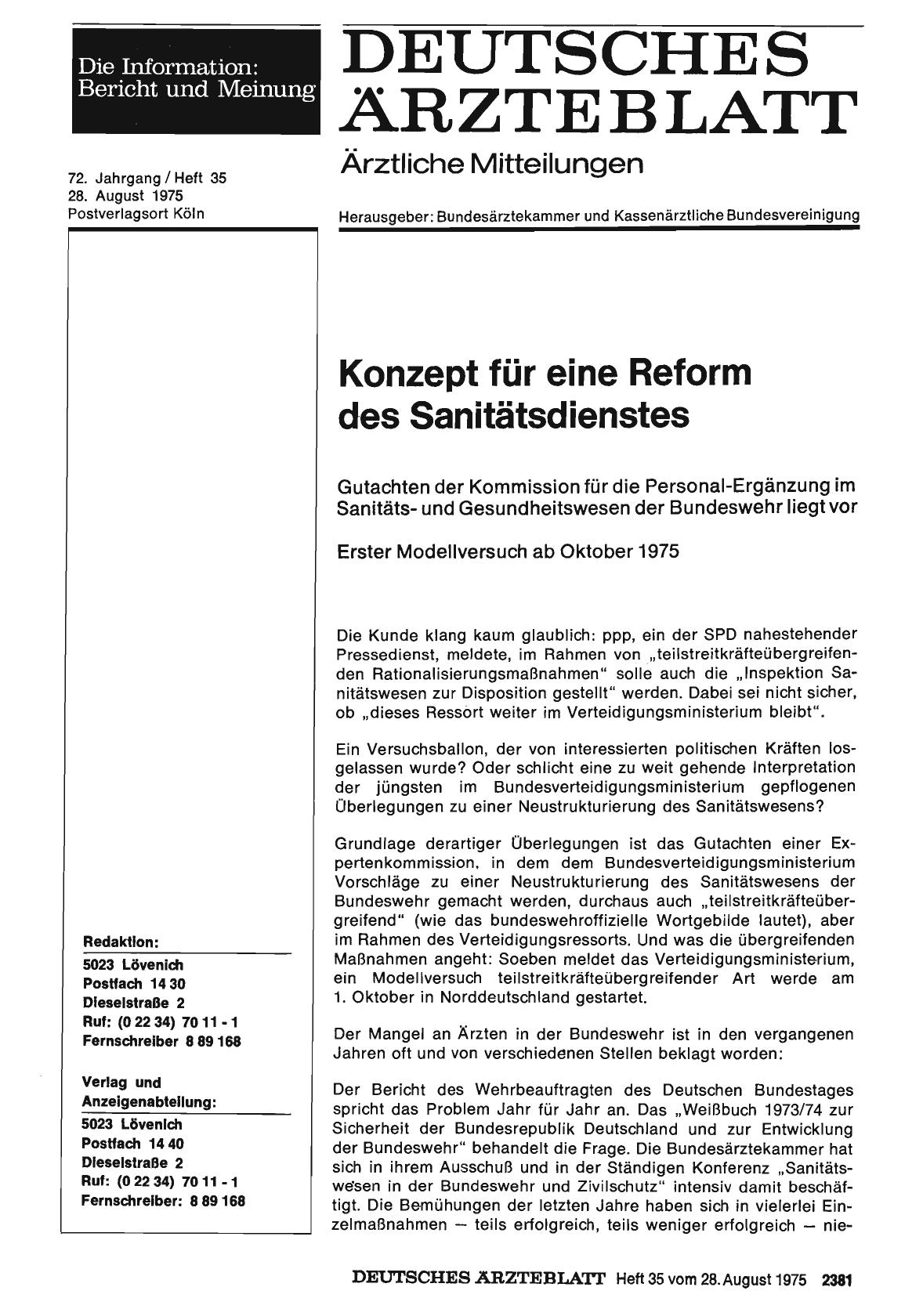 Vorschauseite 1: Konzept für eine Reform des Sanitätsdienstes: Gutachten der Kommission für die Personal-Ergänzung im Sanitätsund Gesundheitswesen der Bundeswehr liegt vor - Erster Modellversuch a…