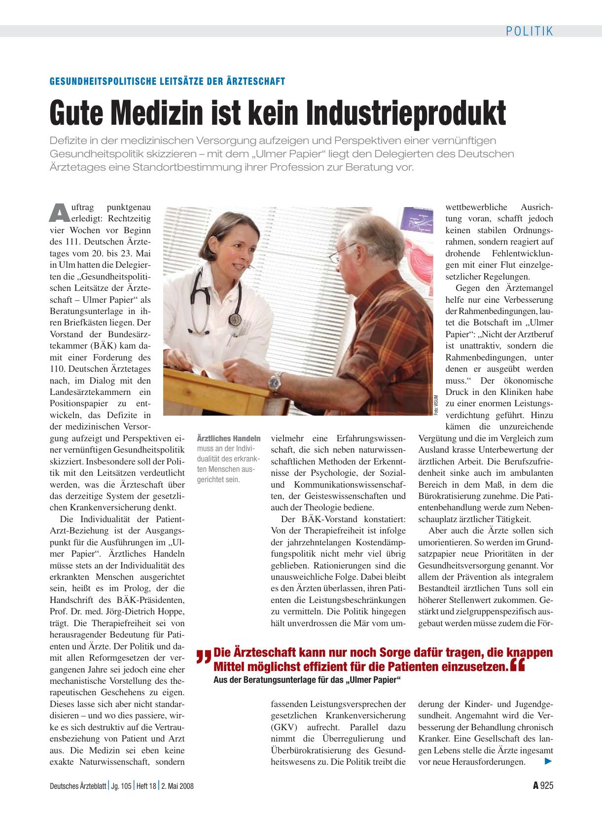 Vorschauseite 1: Gesundheitspolitische Leitsätze der Ärzteschaft: Gute Medizin ist kein Industrieprodukt