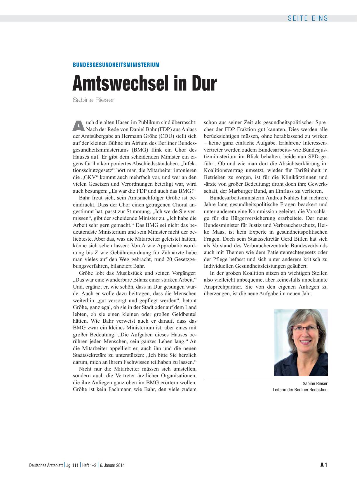Vorschauseite 1: Bundesgesundheitsministerium: Amtswechsel in Dur