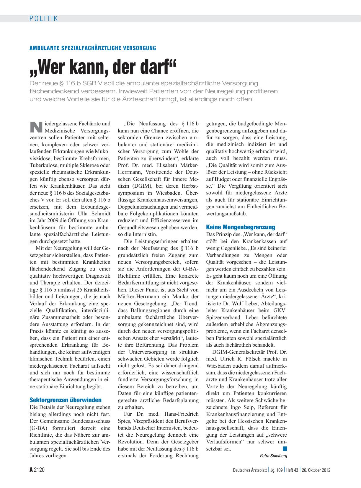 Vorschauseite 1: Ambulante spezialfachärztliche Versorgung: „Wer kann, der darf“