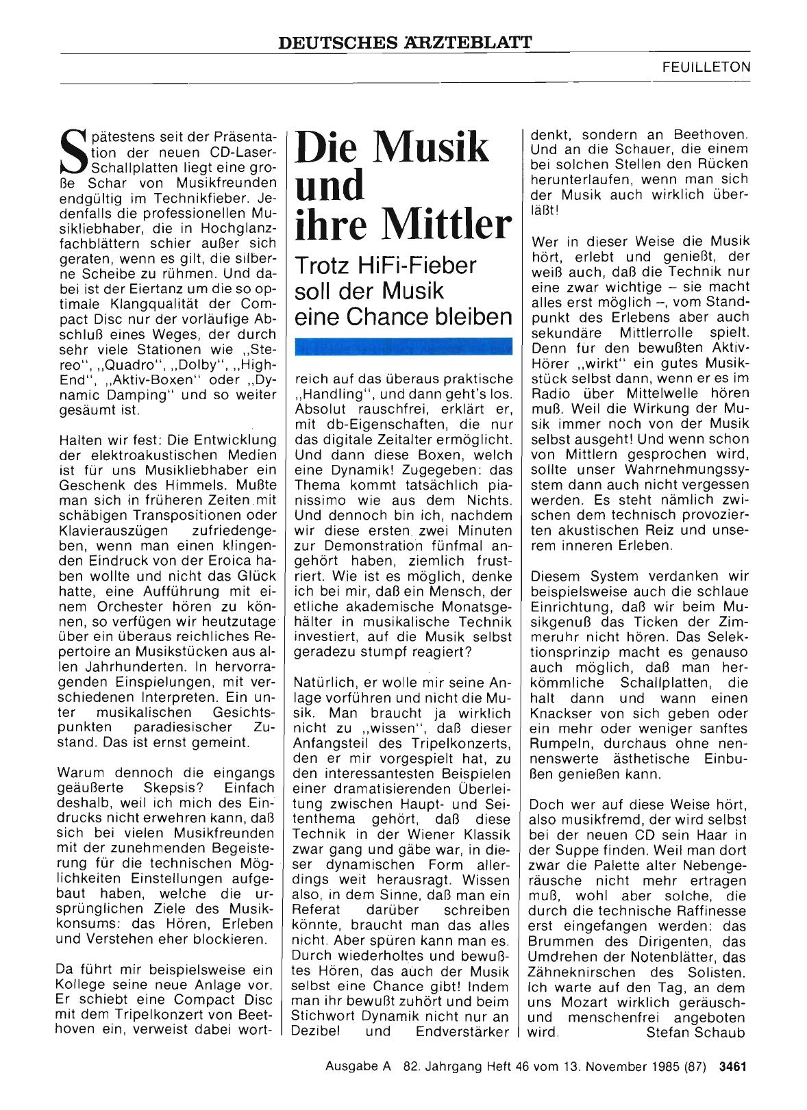 Vorschauseite 1: FEUILLETON: Die Musik und ihre Mittler