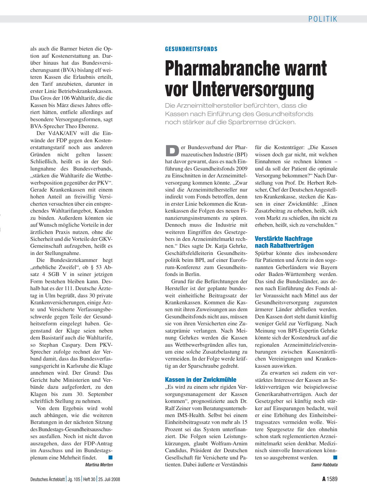 Vorschauseite 1: Gesundheitsfonds: Pharmabranche warnt vor Unterversorgung