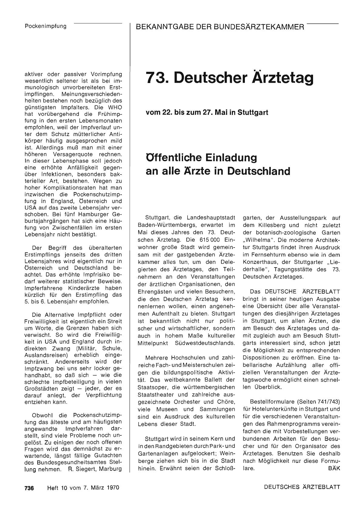 Vorschauseite 1: 73. Deutscher Ärztetag vom 22. bis zum 27. Mai in Stuttgart: Öffentliche Einladung an alle Ärzte in Deutschland