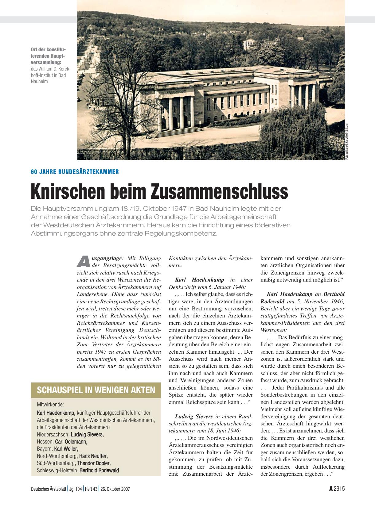 Vorschauseite 1: 60 Jahre Bundesärztekammer: Knirschen beim Zusammenschluss