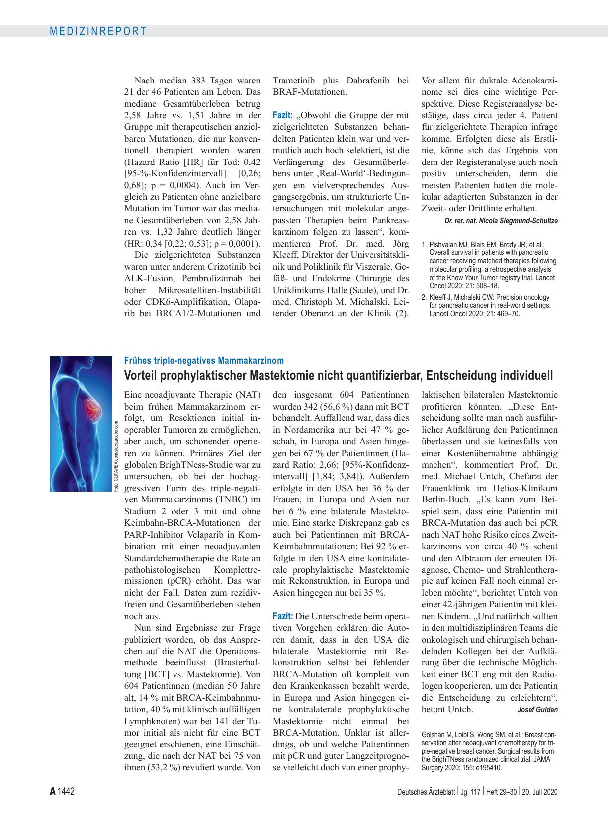 Vorschauseite 1: Frühes triple-negatives Mammakarzinom: Vorteil prophylaktischer Mastektomie nicht quantifizierbar, Entscheidung individuell