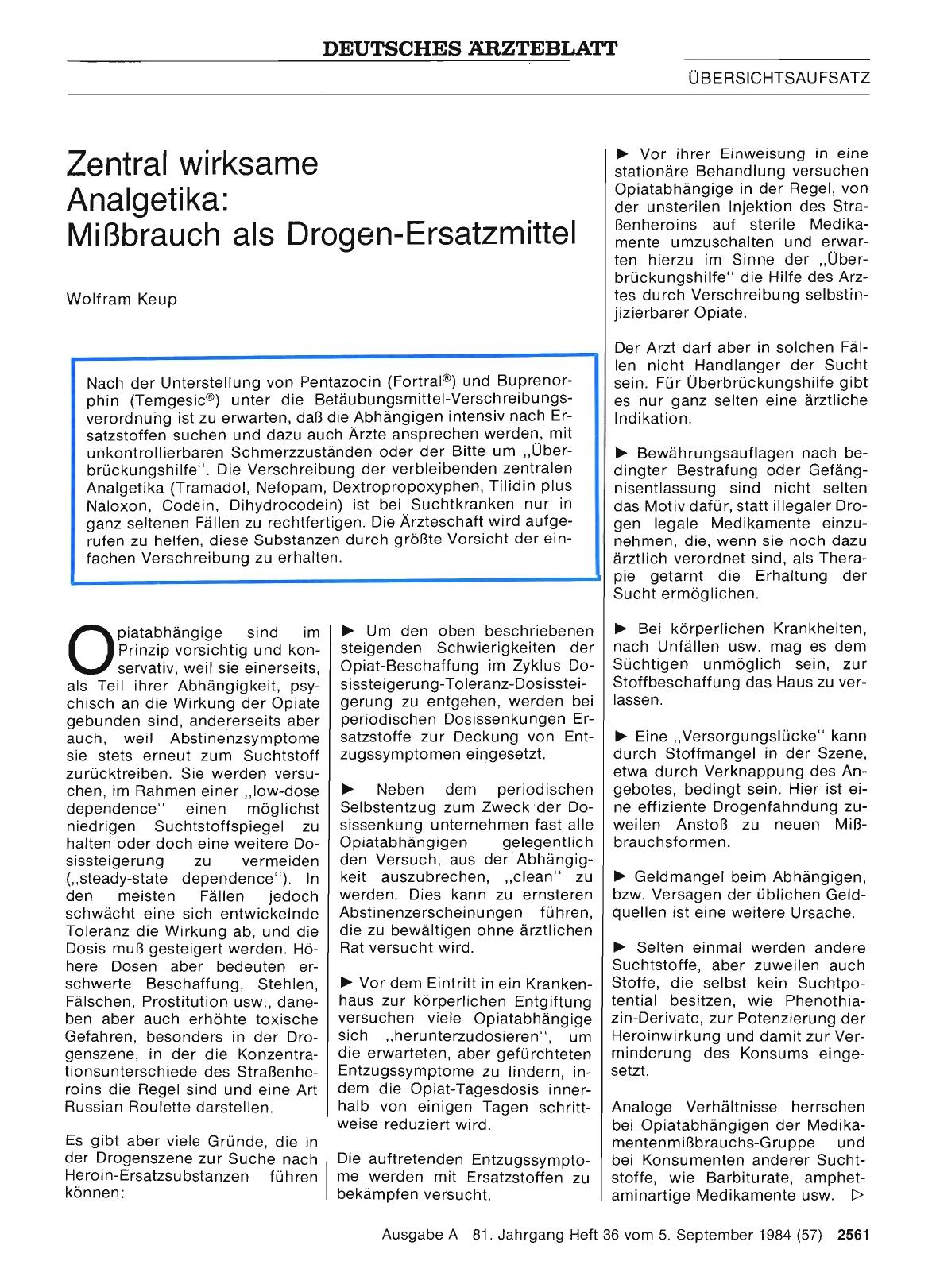 Vorschauseite 1: Zentral wirksame Analgetika: Mißbrauch als Orogen-Ersatzmittel