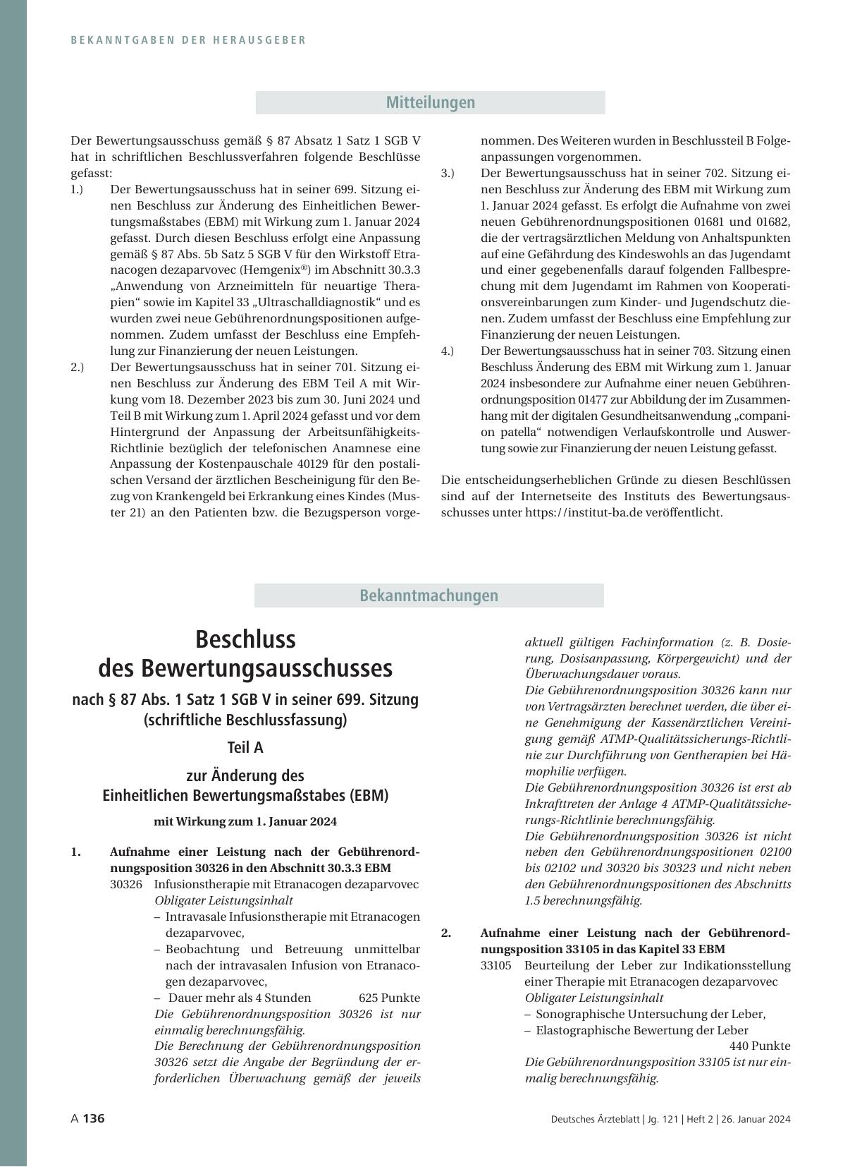 Vorschauseite 1: Beschluss des Bewertungsausschusses nach § 87 Abs. 1 Satz 1 SGB V in seiner 699. Sitzung (schriftliche Beschlussfassung) zur Änderung des Einheitlichen Bewertungsmaßstabes (EBM)
