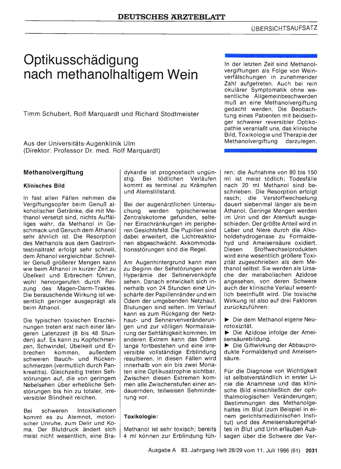 Vorschauseite 1: Optikusschädigung nach methanolhaitigem Wein