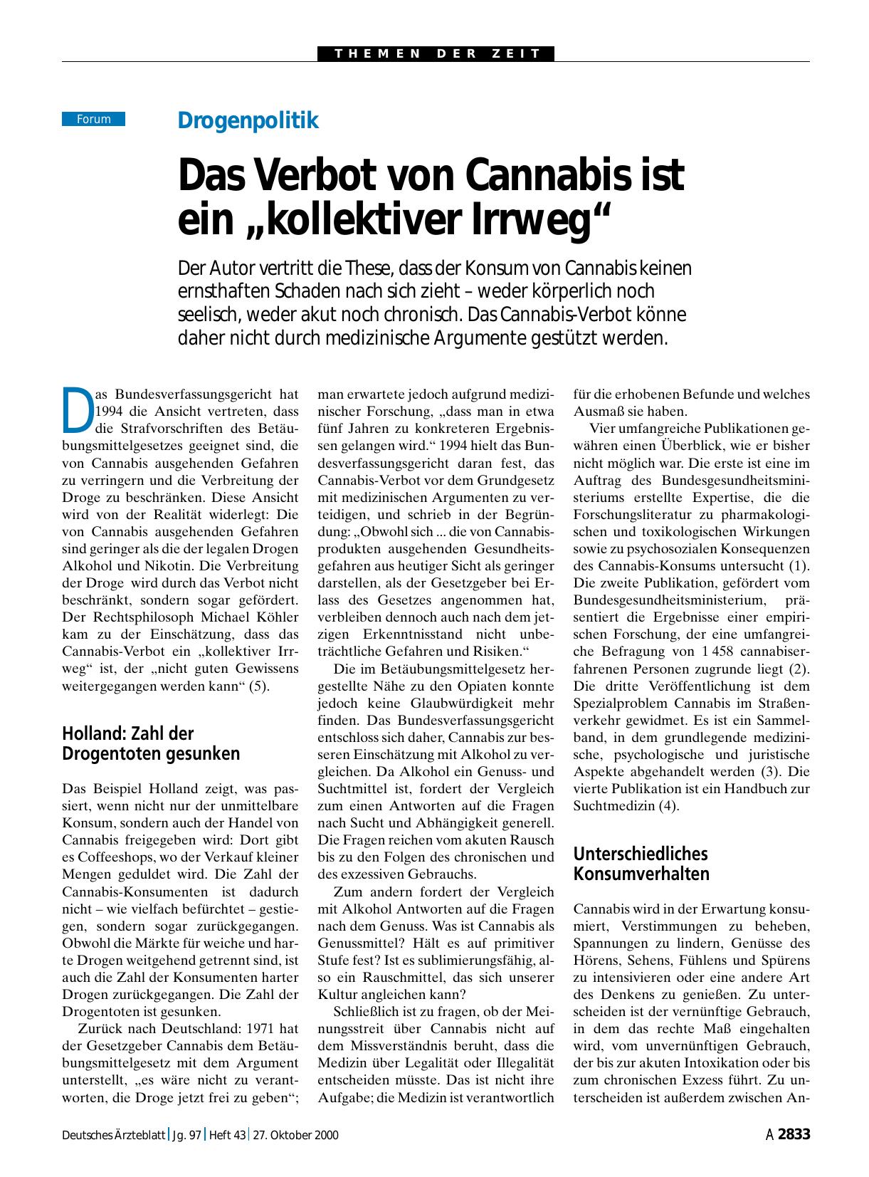 Vorschauseite 1: Drogenpolitik: Das Verbot von Cannabis ist ein „kollektiver Irrweg“