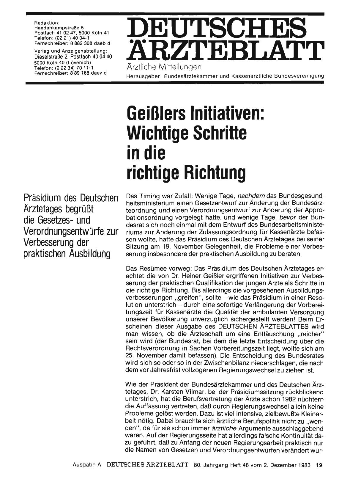 Vorschauseite 1: Geißlers Initiativen: Wichtige Schrille in die richtige Richtung