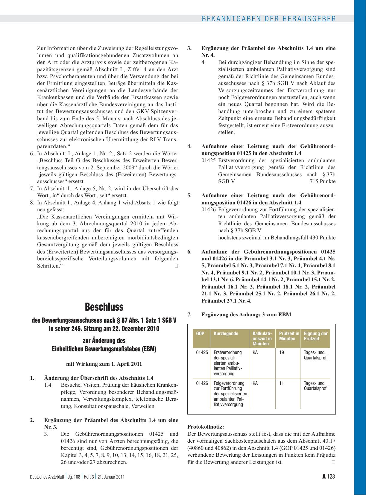 Vorschauseite 1: Beschluss des Bewertungsausschusses nach § 87 Abs. 1 Satz 1 SGB V in seiner 245. Sitzung am 22. Dezember 2010 zur Änderung des Einheitlichen Bewertungsmaßstabes (EBM)