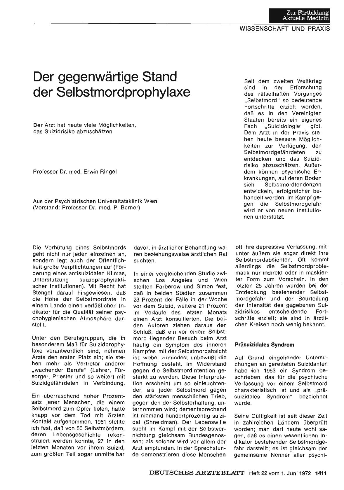 Vorschauseite 1: Der gegenwärtige Stand der Selbstmordprophylaxe: Der Arzt hat heute viele Möglichkeiten, das Suizidrisiko abzuschätzen
