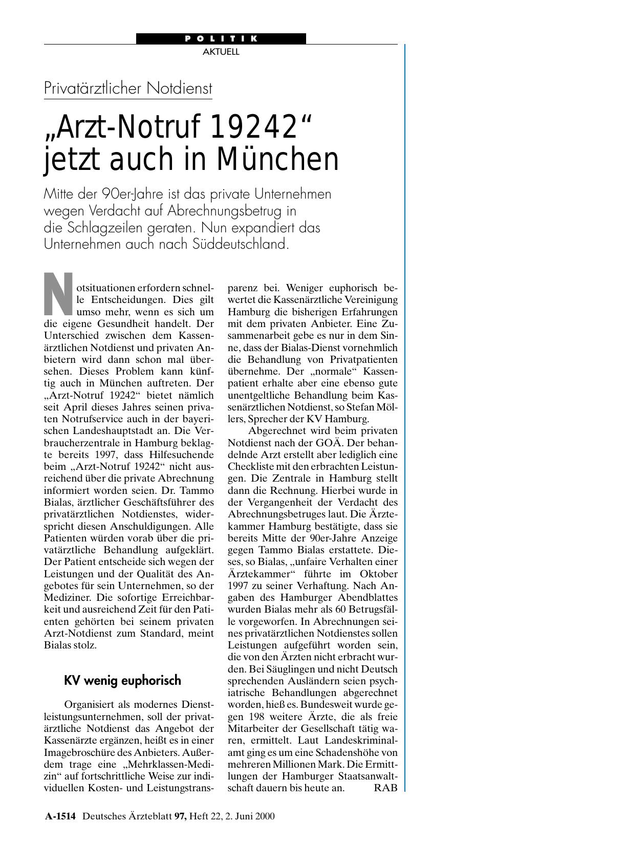 Vorschauseite 1: Privatärztlicher Notdienst: „Arzt-Notruf 19242“ jetzt auch in München