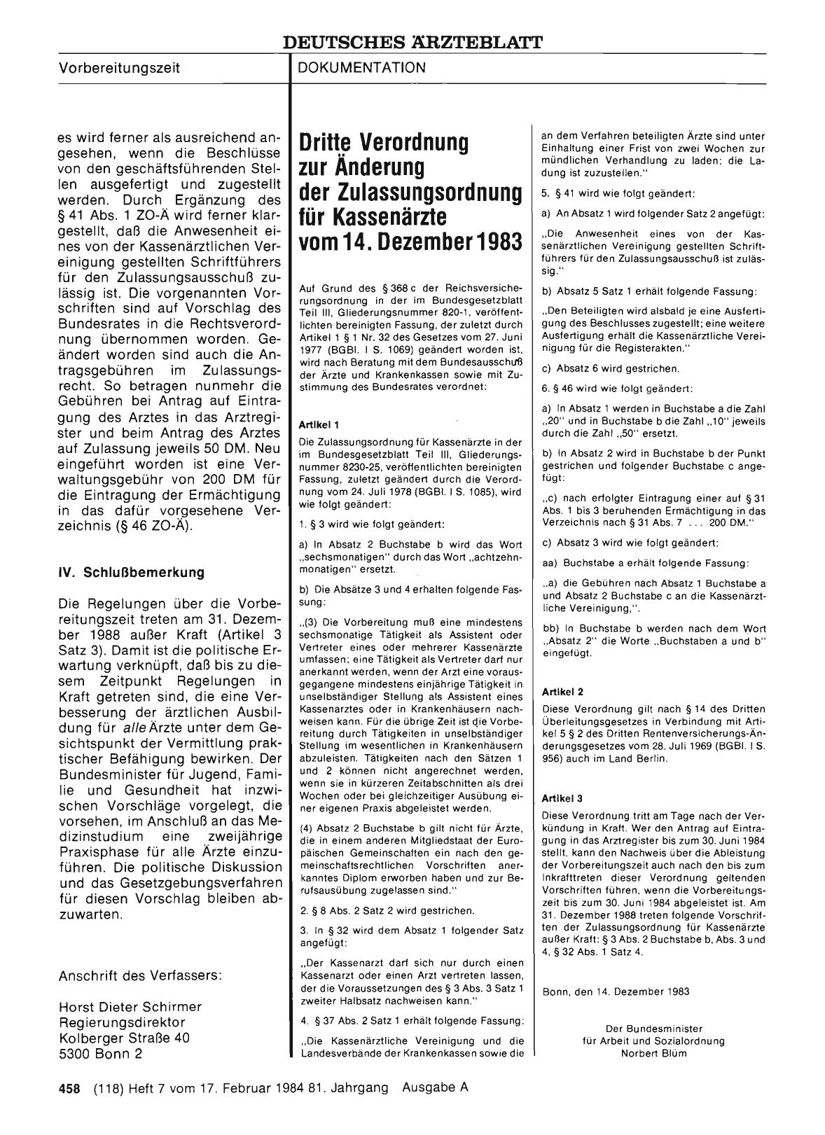 Vorschauseite 1: Dritte Verordnung zur Änderung der Zulassungsordnung für Kassenärzte vom 14. Dezember 1983