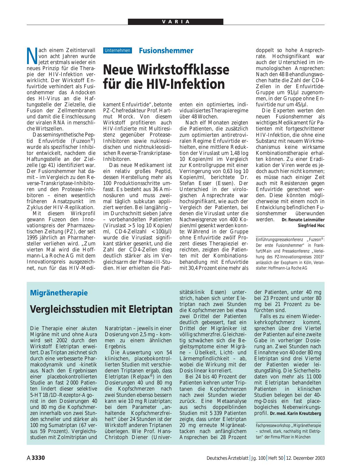 Vorschauseite 1: Fusionshemmer: Neue Wirkstoffklasse für die HIV-Infektion