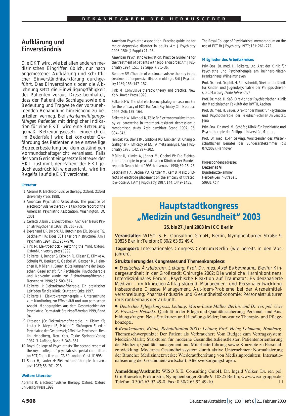 Vorschauseite 1: Hauptstadtkongress: „Medizin und Gesundheit“ 2003