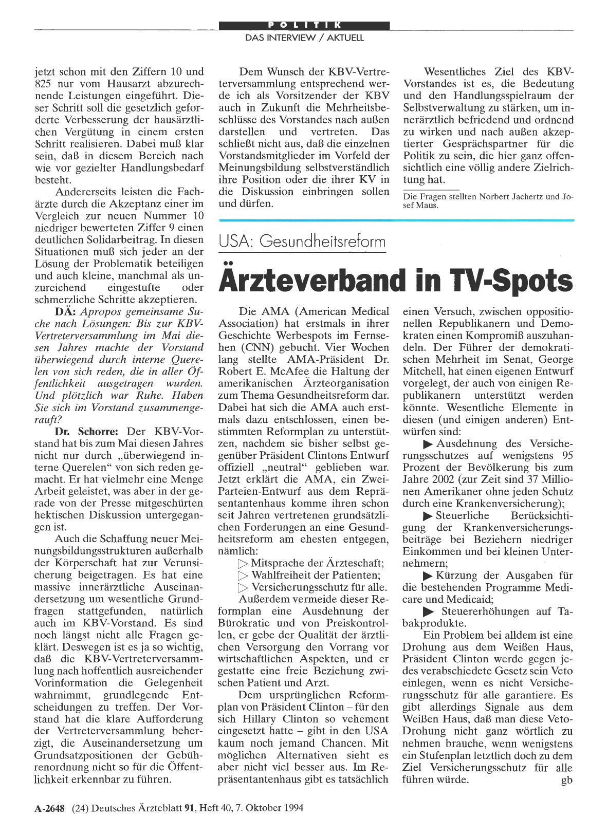 Vorschauseite 1: US-Gesundheitsreform: Arzteverband in TV·Spots