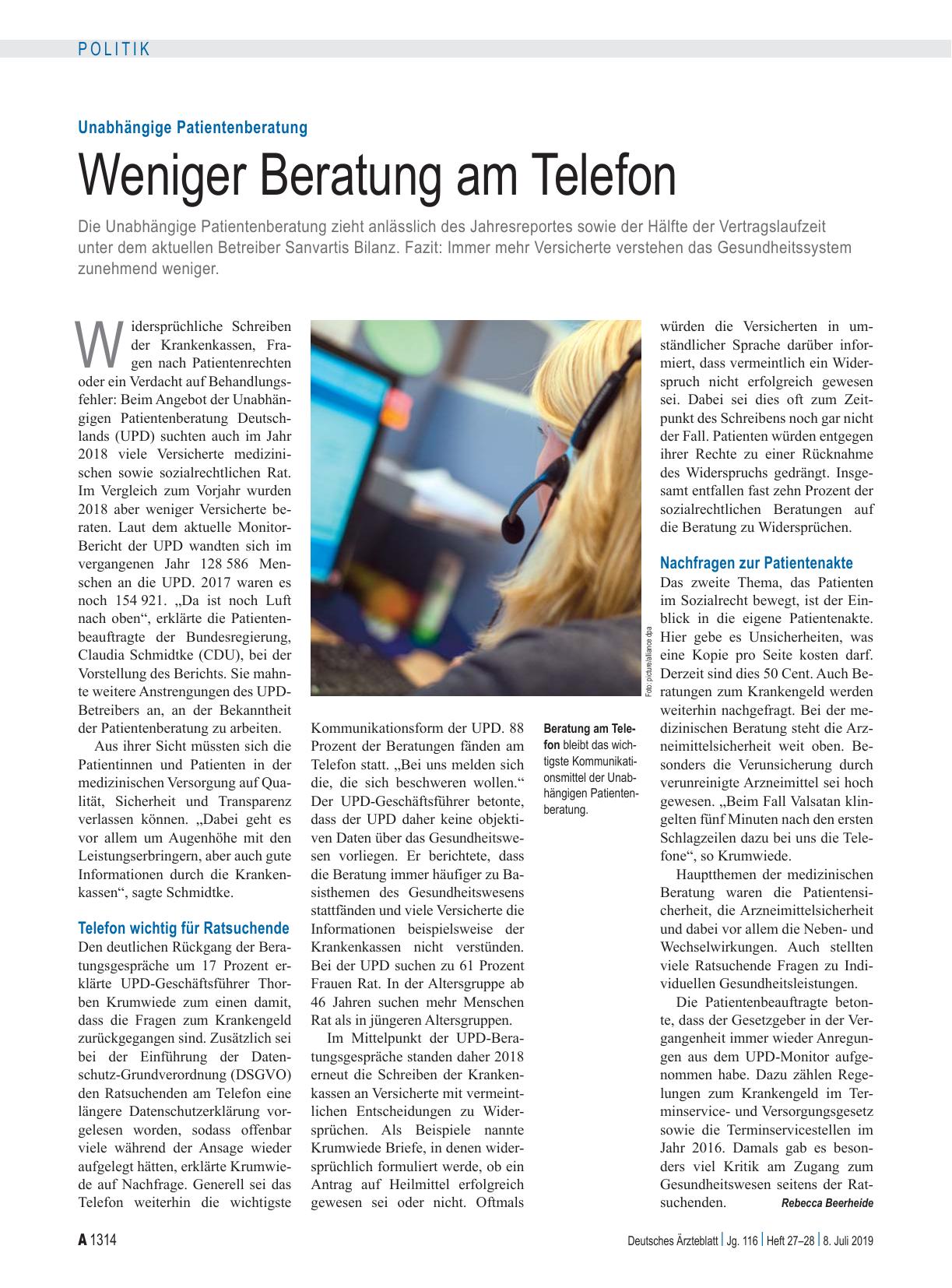 Vorschauseite 1: Unabhängige Patientenberatung: Weniger Beratung am Telefon