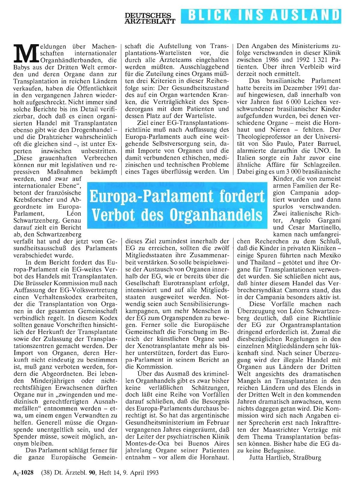 Vorschauseite 1: Europa-Parlament fordert Verbot des Organhandels