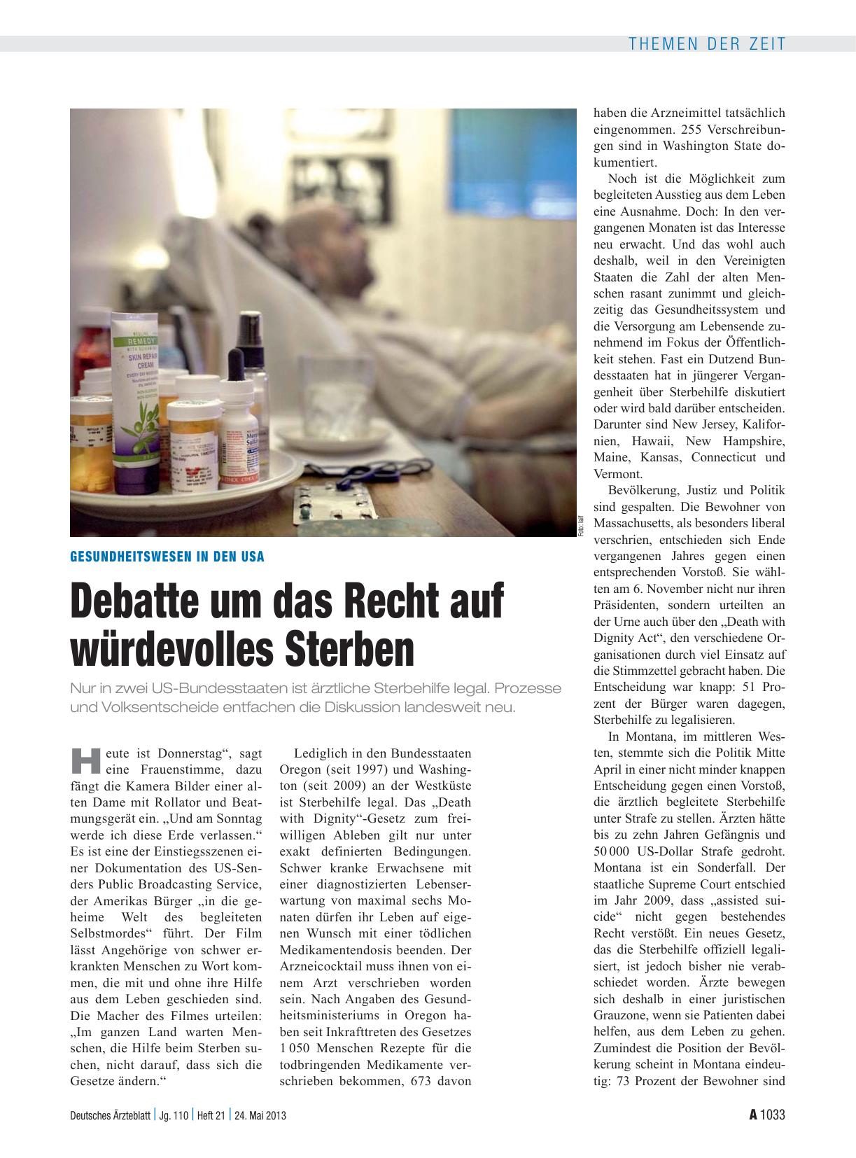 Vorschauseite 1: Gesundheitswesen in den USA: Debatte um das Recht auf würdevolles Sterben