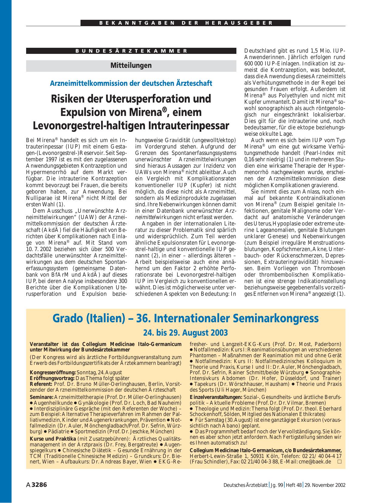 Vorschauseite 1: Mitteilungen: Risiken der Uterusperforation und Expulsion von Mirena®, einem Levonorgestrel-haltigen Intrauterinpessar