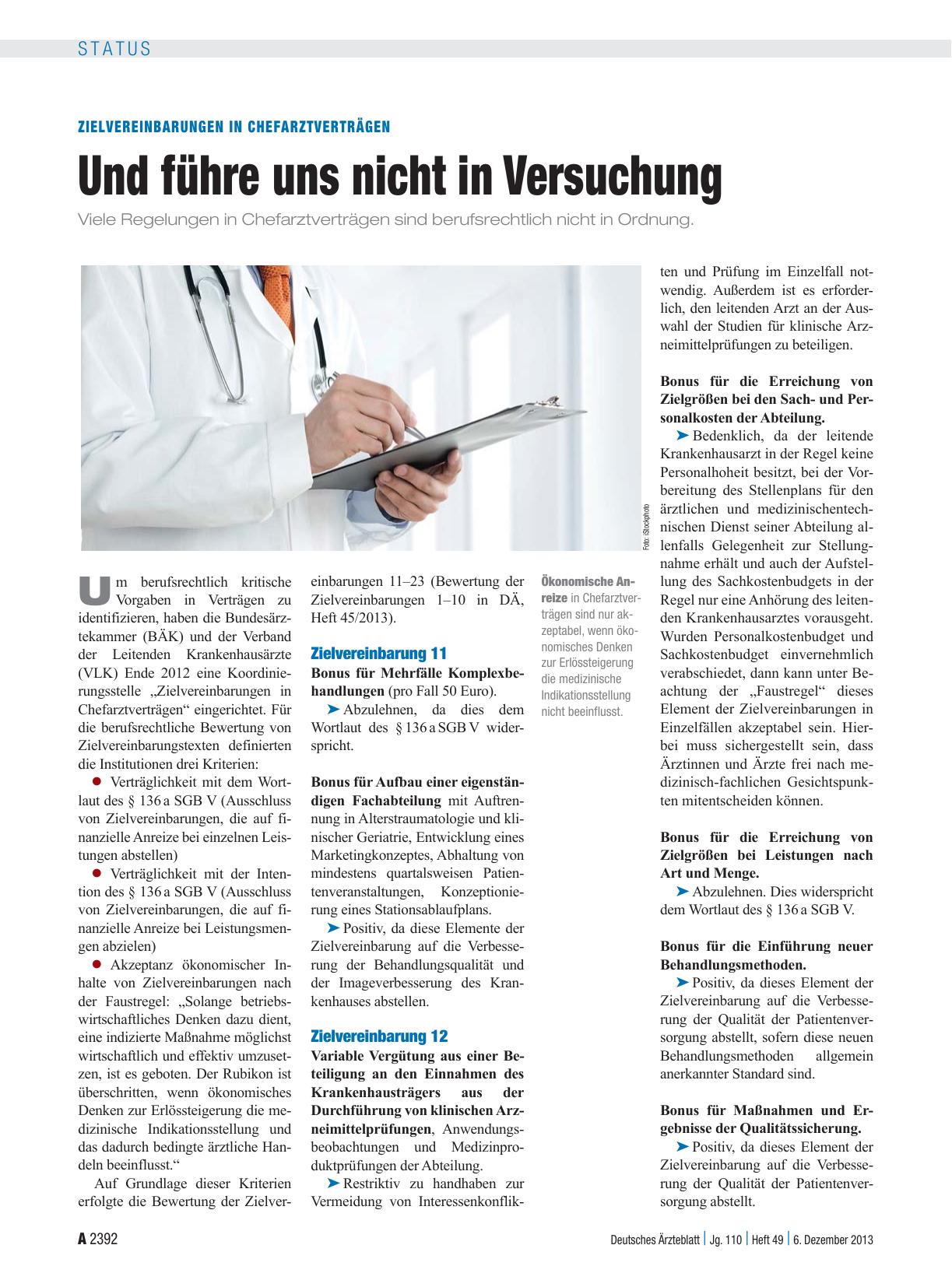 Vorschauseite 1: Zielvereinbarungen in Chefarztverträgen: Und führe uns nicht in Versuchung