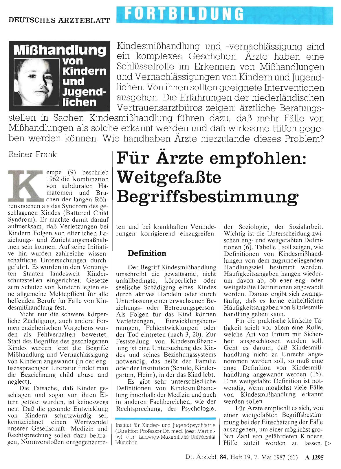Vorschauseite 1: Mißhandlung von Kindern und Jugendlichen – Für Ärzte empfohlen: Weitgefaßte Begriffsbestimmung