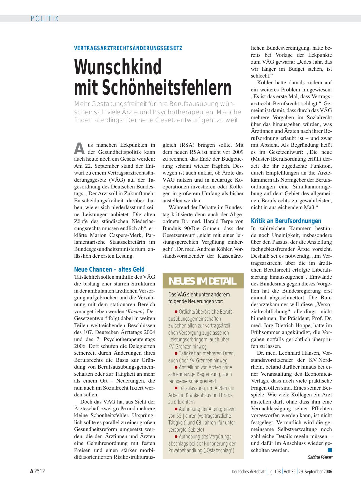 Vorschauseite 1: Vertragsarztrechtsänderungsgesetz: Wunschkind mit Schönheitsfehlern