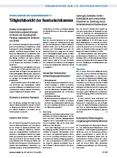 Vorschauseite 1: Entschliessungen zum Tagesordnungspunkt VI: Tätigkeitsbericht der Bundesärztekammer