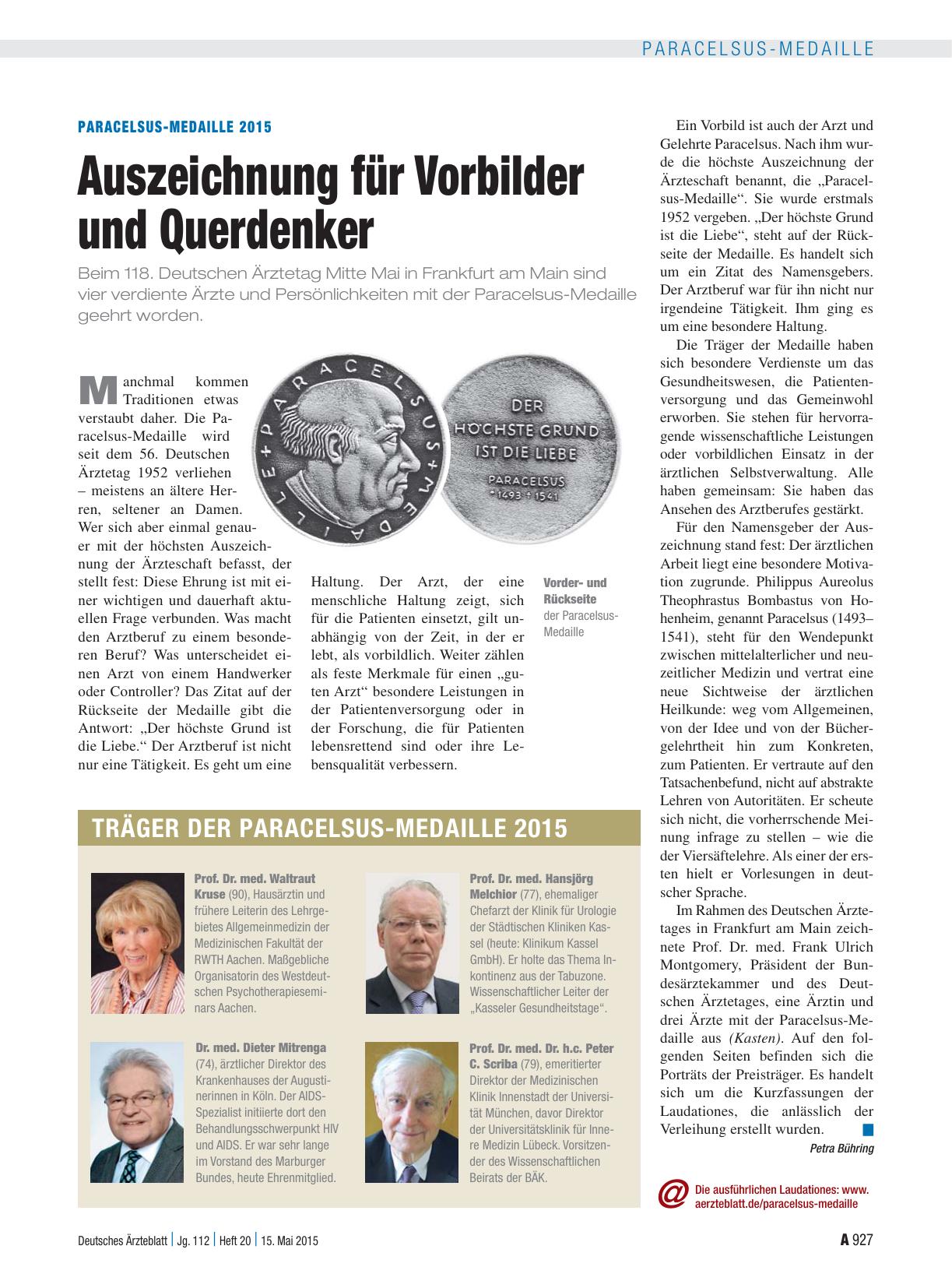 Vorschauseite 1: Paracelsus-Medaille 2015: Auszeichnung für Vorbilder und Querdenker