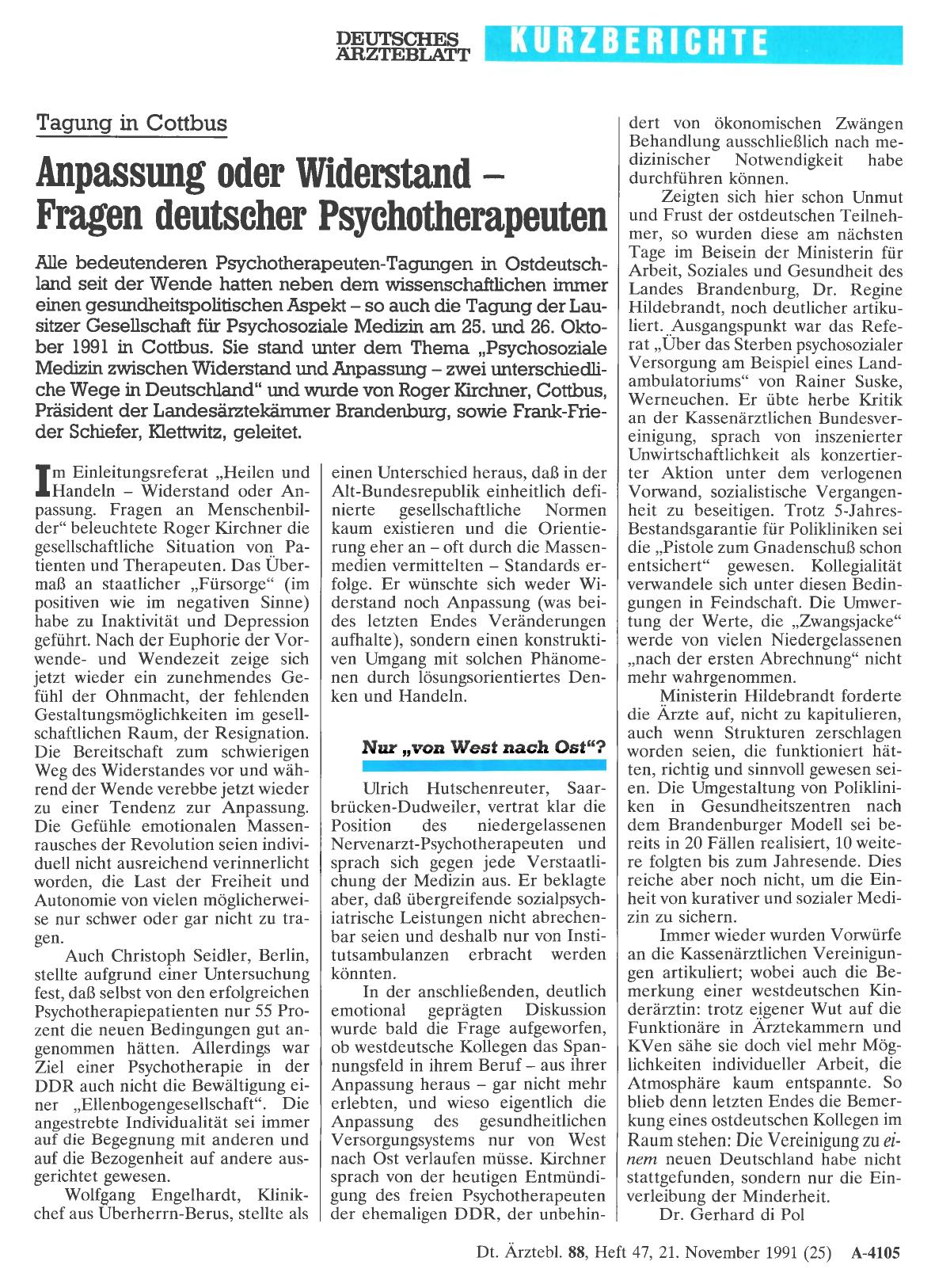 Vorschauseite 1: Tagung in Cottbus: Anpassung oder Widerstand – Fragen deutscher Psychotherapeuten