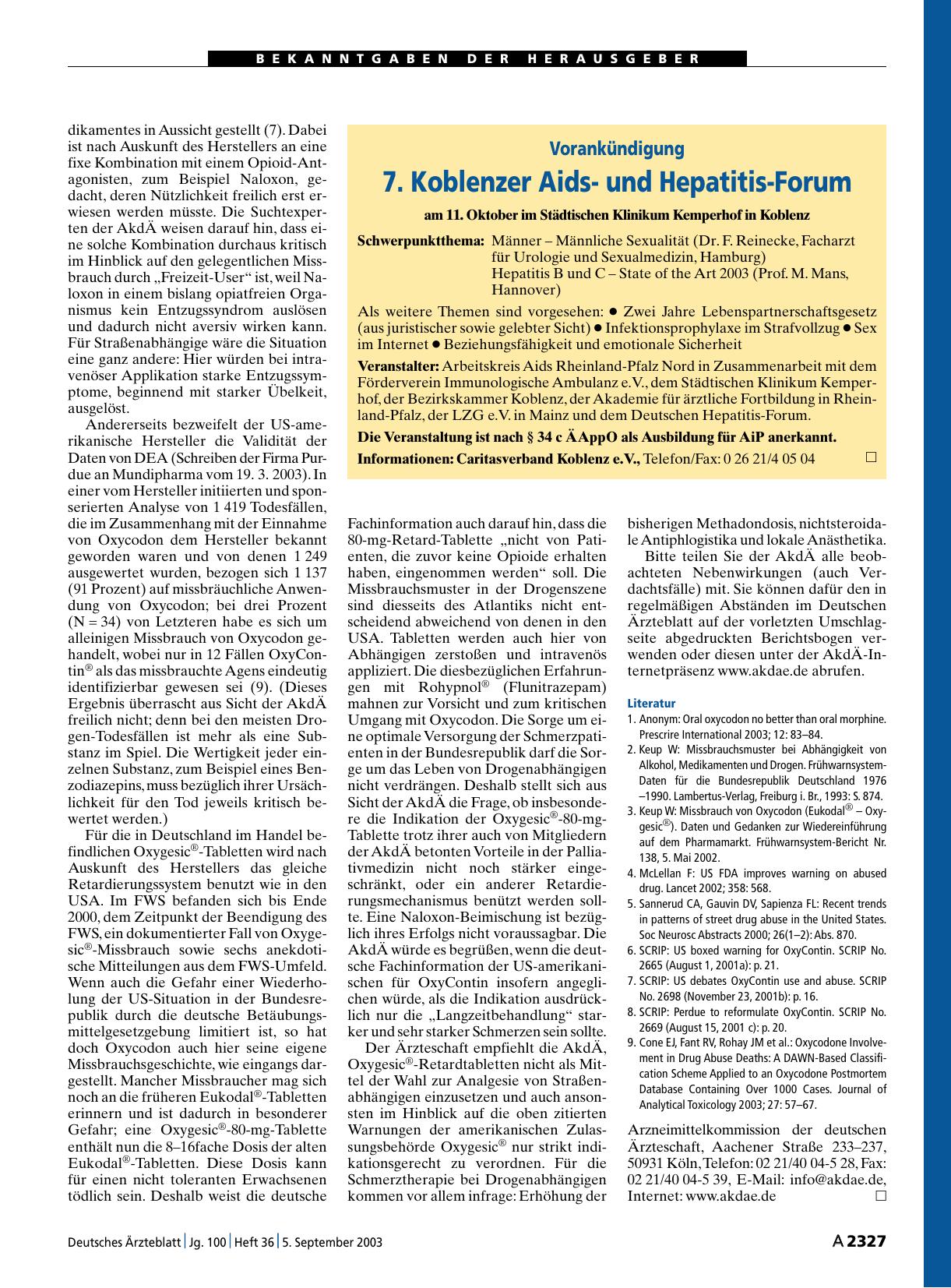 Vorschauseite 1: Vorankündigung: 7. Koblenzer Aidsund Hepatitis-Forum