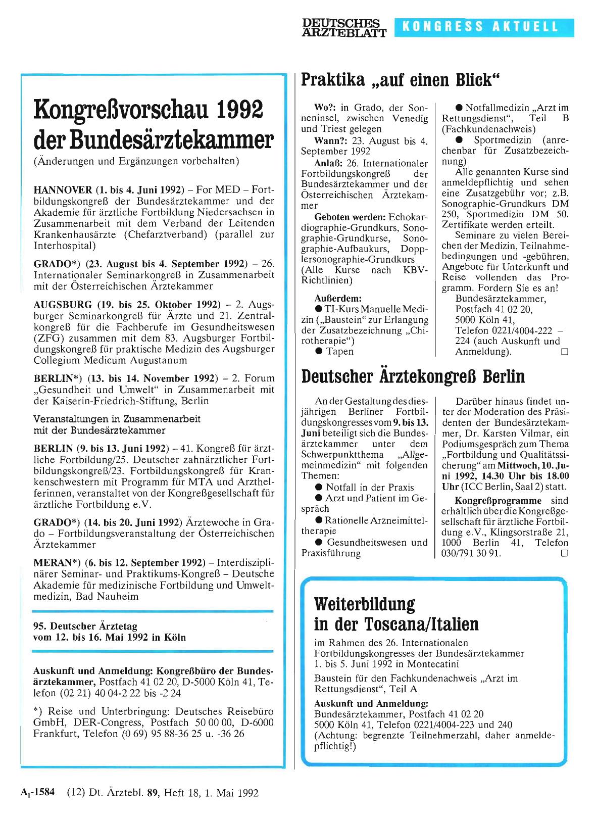 Vorschauseite 1: Kongreßvorschau 1992 der Bundesärztekammer