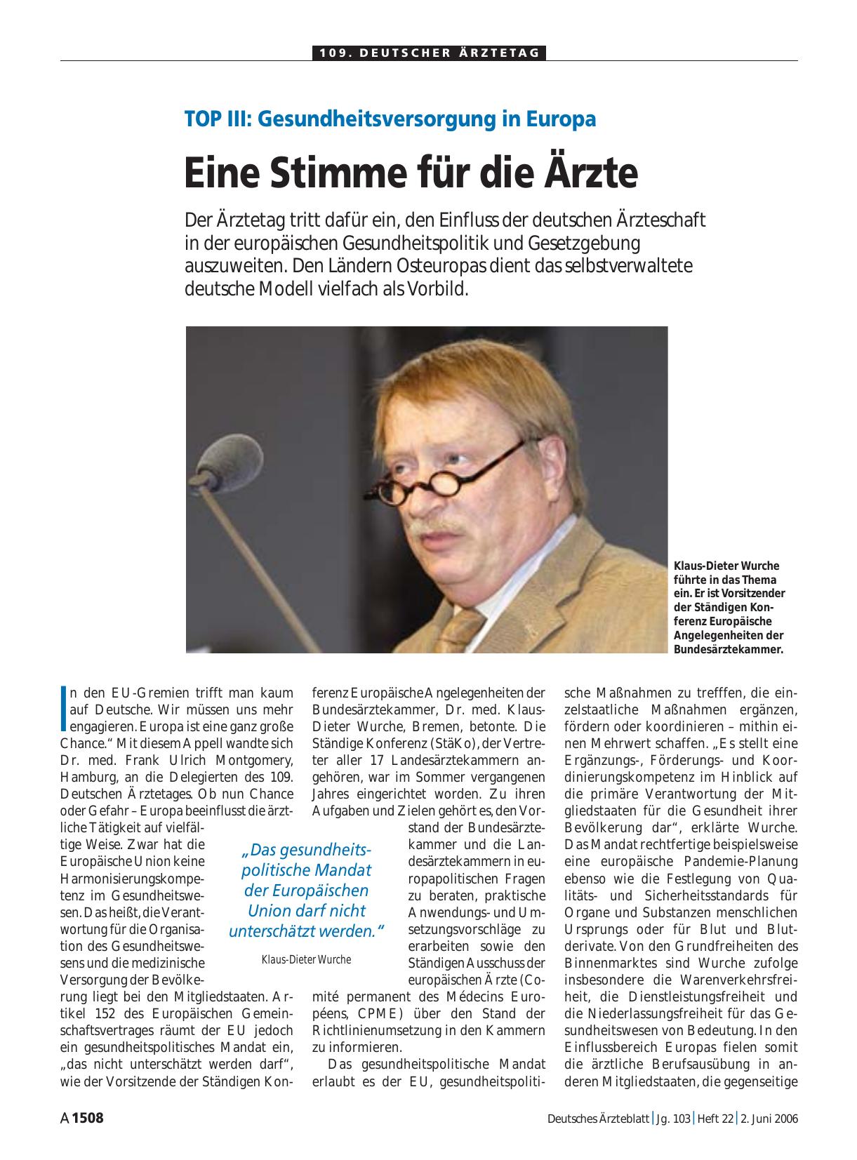 Vorschauseite 1: TOP III: Gesundheitsversorgung in Europa – Eine Stimme für die Ärzte