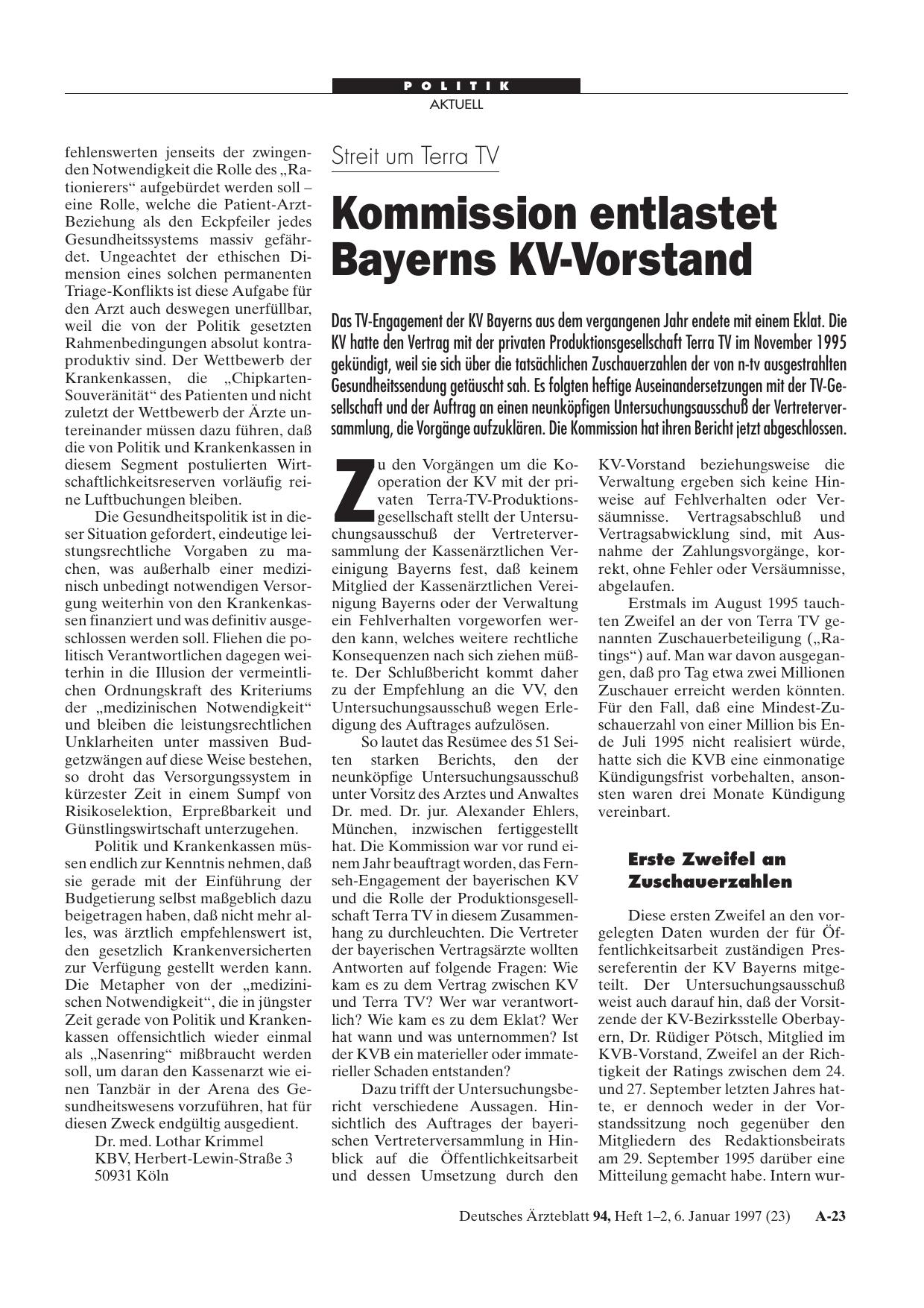 Vorschauseite 1: Streit um Terra TV: Kommission entlastet Bayerns KV-Vorstand