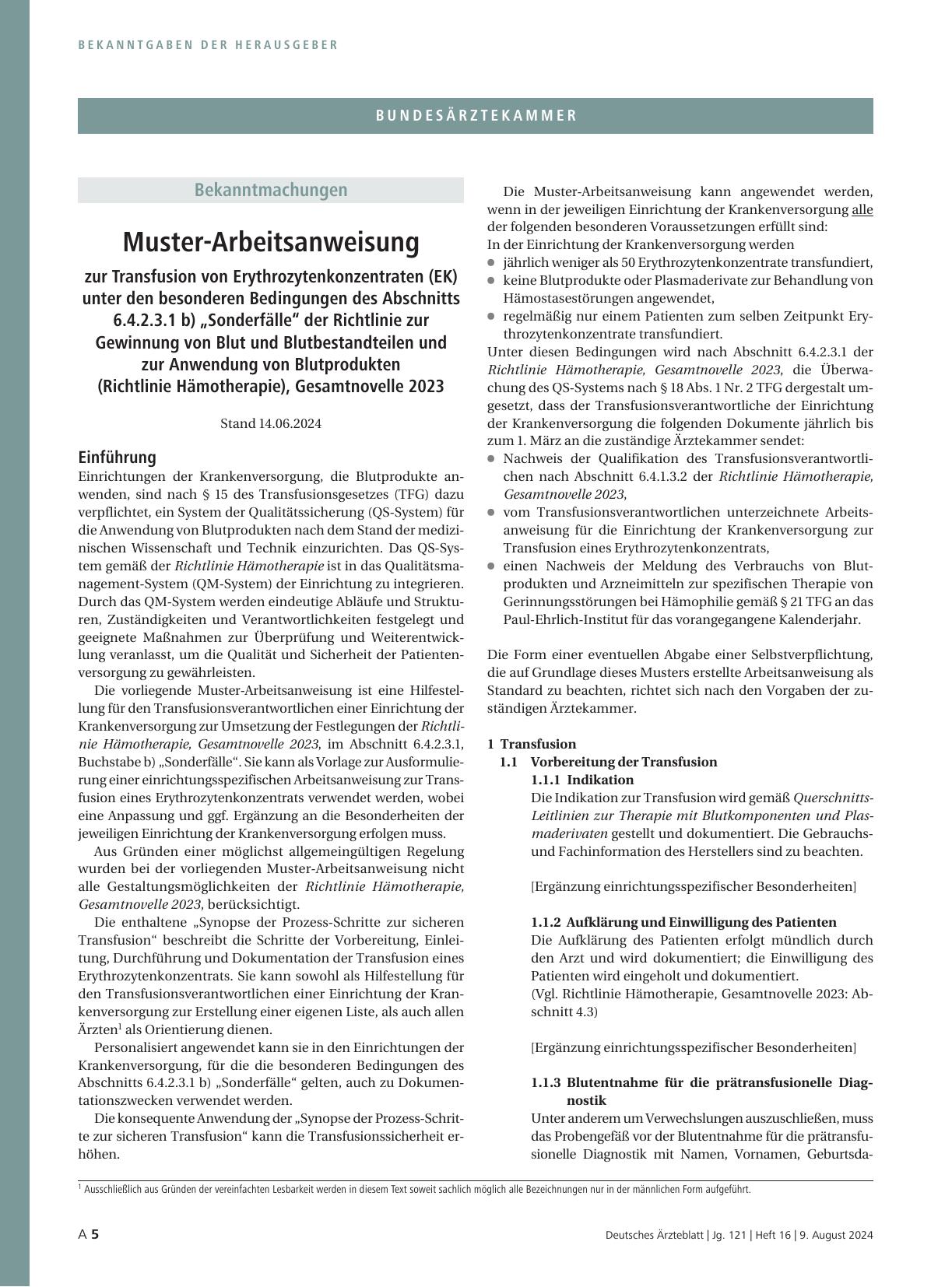 Vorschauseite 1: Muster-Arbeitsanweisung zur Transfusion von Erythrozytenkonzentraten (EK) unter den besonderen Bedingungen des Abschnitts 6. 4. 2. 3. 1 b) „Sonderfälle“ der Richtlinie zur Gewinnu…