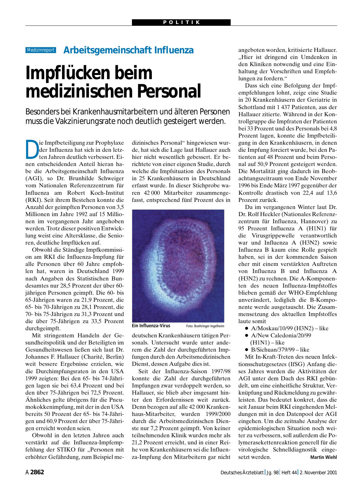 Vorschauseite 1: Arbeitsgemeinschaft Influenza: Impflücken beim medizinischen Personal