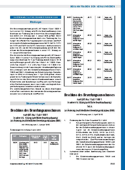 Vorschauseite 1: Beschluss des Bewertungsausschusses nach § 87 Abs. 1 Satz 1 SGB V in seiner 415. Sitzung (schriftliche Beschlussfassung) zur Änderung des Einheitlichen Bewertungsmaßstabes (EBM)