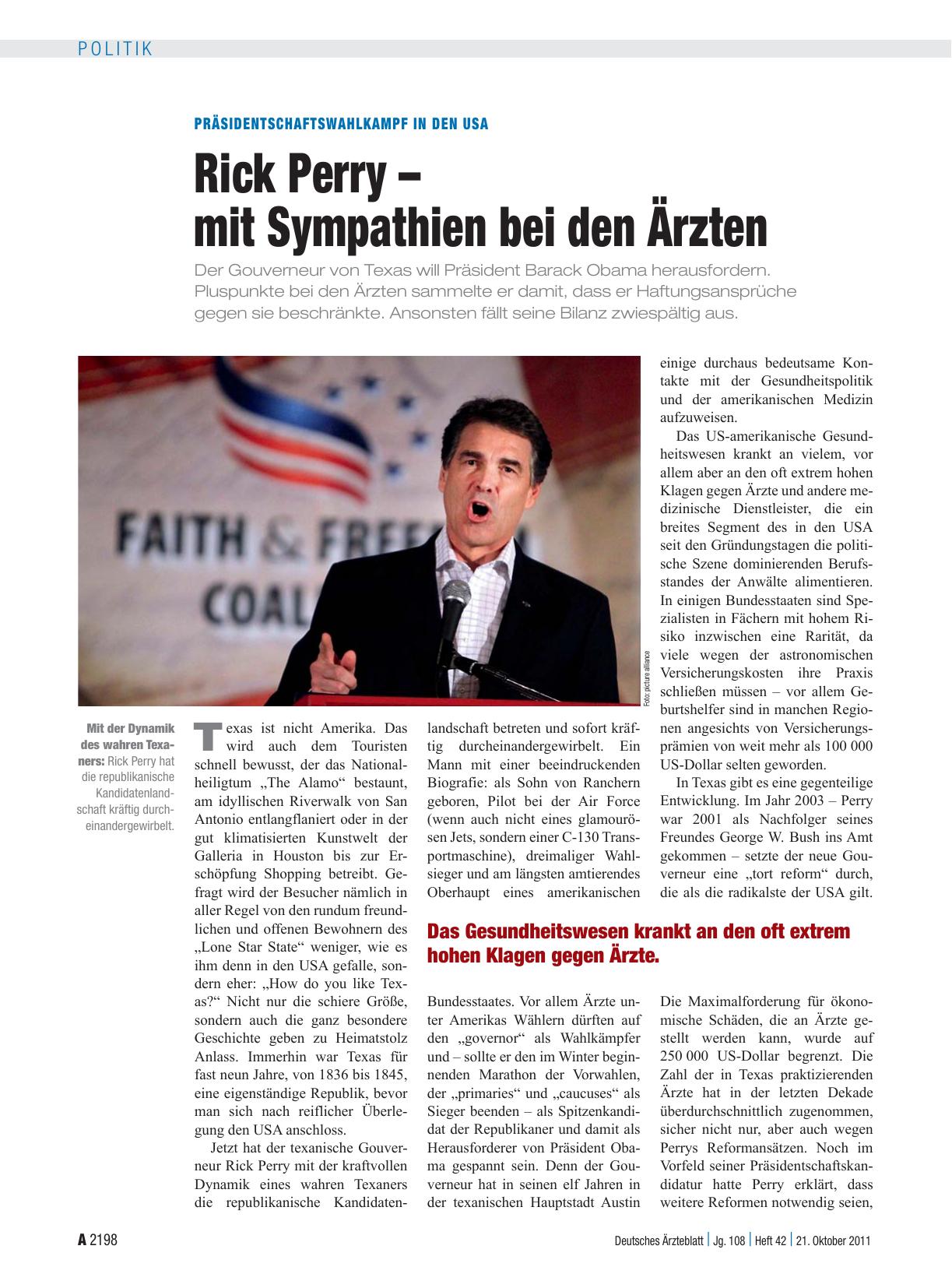 Vorschauseite 1: Präsidentschaftswahlkampf in den USA: Rick Perry – mit Sympathien bei den Ärzten